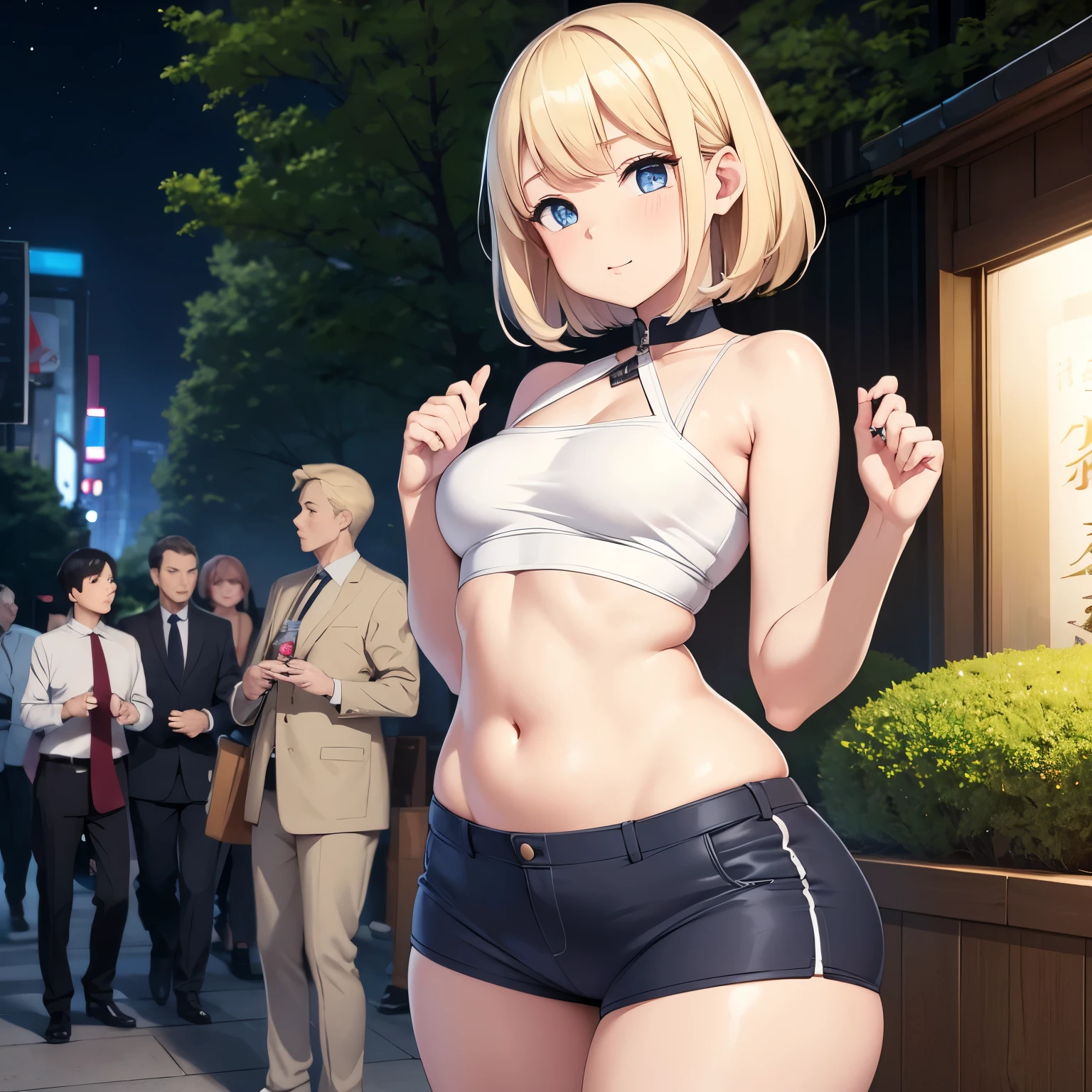 blonde woman、blue eyes、white skin、beautiful face、cute頬、thin chin、broad shoulders、wide waist、thick hips、plenty of culottes、thick thighs、small breasts、straight chest、flat chest、man's chest、cute、Chubby、trimming white、micro shorts、Shibuya walk、night、toned body、beautiful scenery、detailed landscape、very detailed、High definition、masterpiece