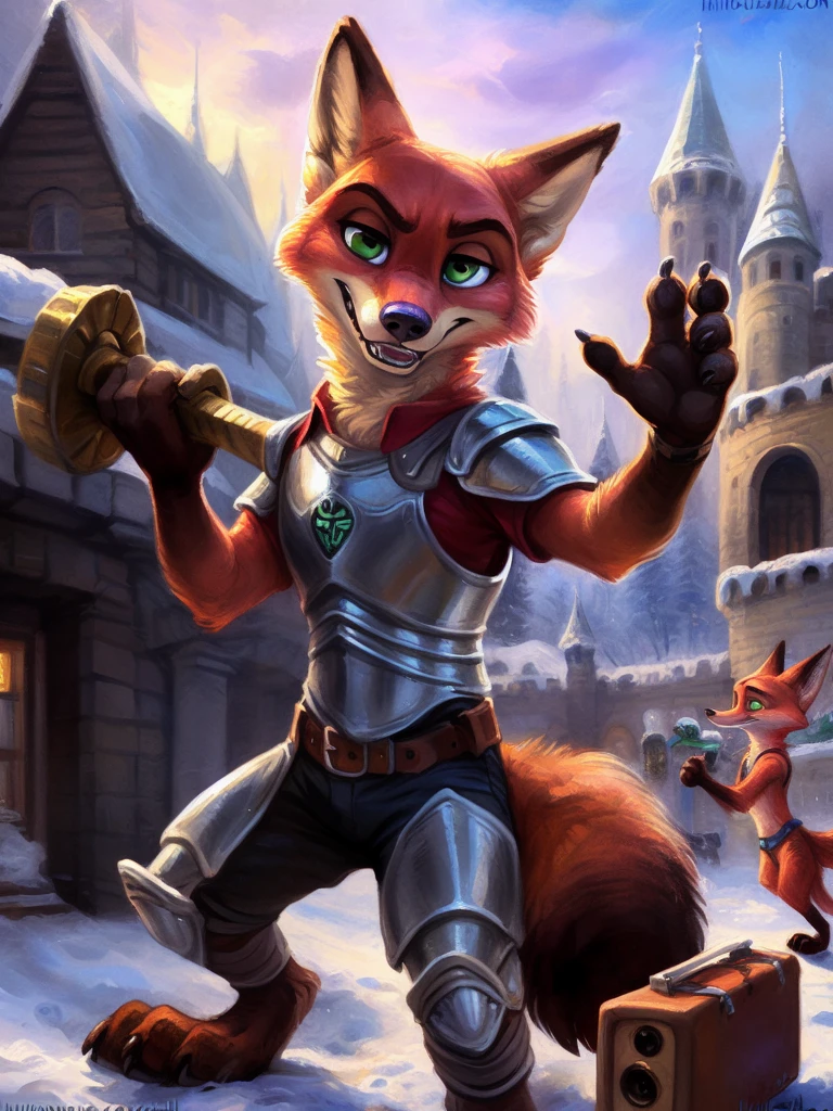 (8K, best quality, masterpiece), (author:hioshiru、kenket 和 dimwitdog, Michael &lifier; Zaush, Inessa Garmash, ruan jia, Pino Deheni, chunie), Nick Wilde (Nick Wilde) Play as a paladin with a hammer, silver armor, proud gesture, upright, young adults, green eyes, angry expression, Looks very dangerous, dramatic, movie lighting, Popular topics on ArtStation, (muscular:0.7), alone, alone, Winter castle background