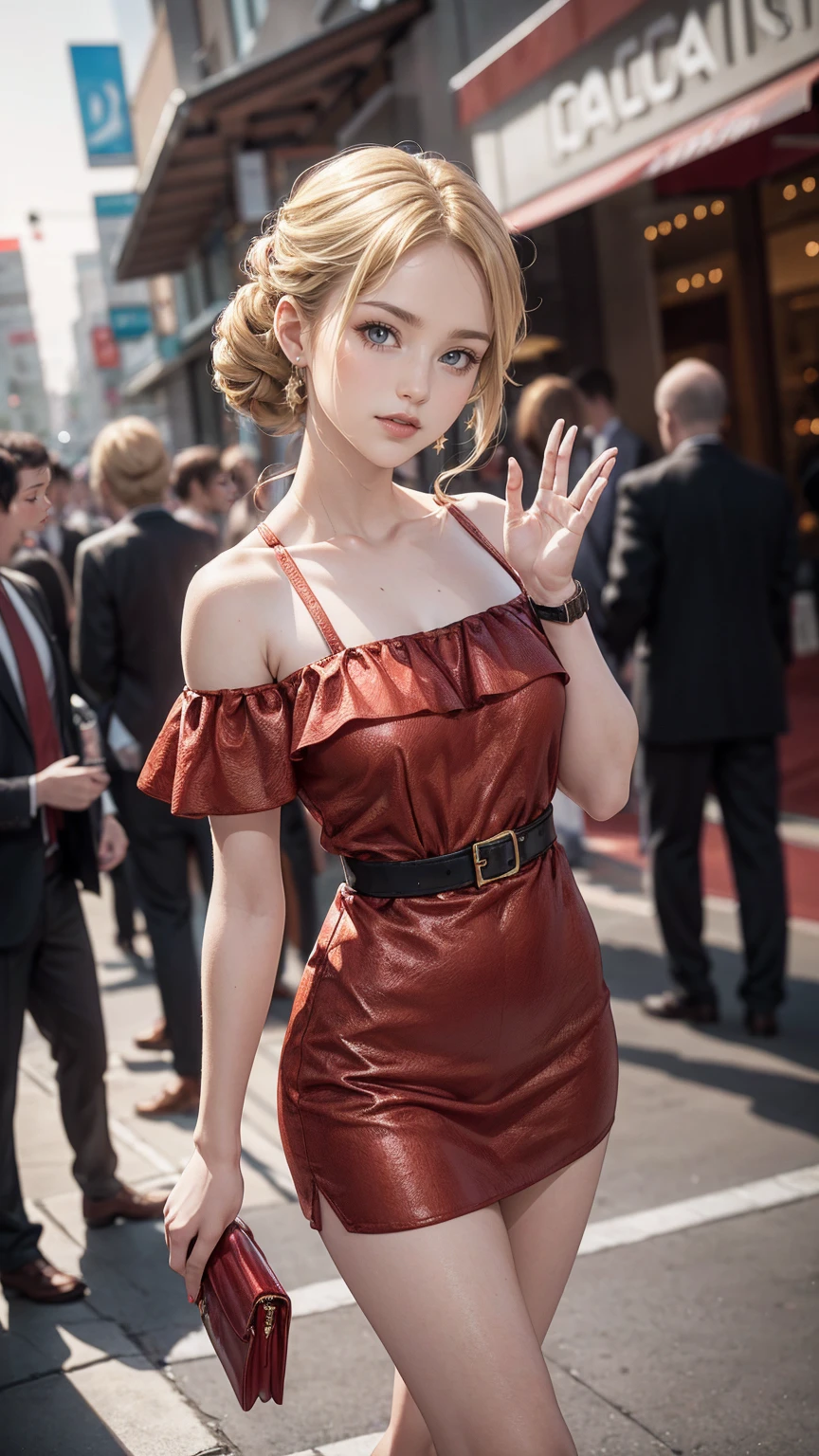 ((最high quality, 8K, masterpiece: 1.3, Ultra HD, high quality, 最high quality, High resolution, realism)) 、(high color saturation:1.0), (highly detailed skin), (最high quality:1.0), (超High resolution:1.0) ,(realistic:1.0), (Super detailed:1.0), (8K, Raw photo:1.1), slender、Slender, muscular body that's toned like an athlete's、Wear an off-the-shoulder bodycon top、wear a watch、Wear high heels、have a clutch bag、Standing on the red carpet in front of the party venue、Upstyle your hair、smile、wave hands、25 year old white woman、hair color is blonde、hair is wavy、medium long hair、make your hair a chignon、smile