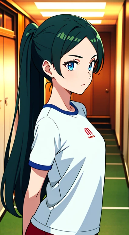 A hot female student with dark green long hair in a unique hairstyle and blue eyes in red-outlined white gym clothes, the background is a hallway in a ship