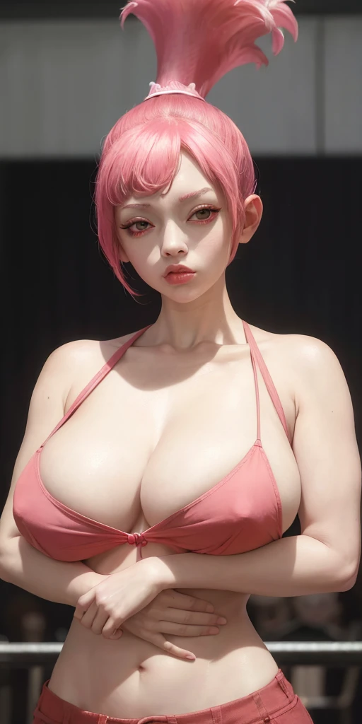 Upper body, to dough, 1 girl, alone, Red eyes, looking at the audience, pink hair, ponytail, lips, t-shirt, Put your arms behind your head,huge breasts nice breasts、huge breasts:1.4