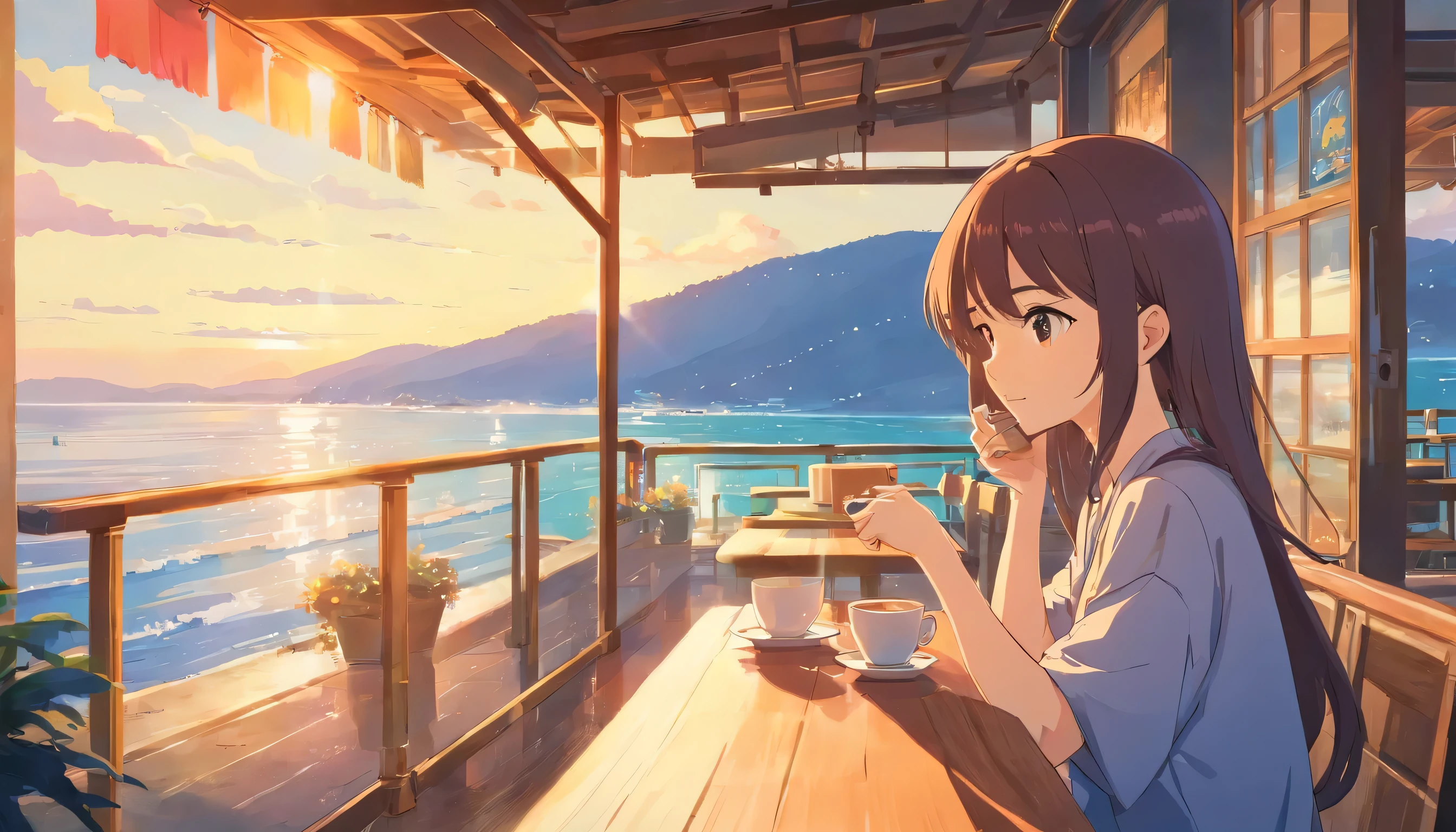 European girl with medium long hair、Enjoy a cup of coffee on the terrace of a cafe while looking out at the nearby sea.1 cup, Rear view of a person leaning on his elbows and looking at the sea,dream, please wear headphones, analog color theme, lo-fi hip hop , retrospective, flat, 2.5D ,Draw a line, ink painting, Osaka road, watercolor painting, gouache color, studio ghibli style, very colorful, outerton, Krautlock, Lofiato,old texture, amplitude,Psychedelic atmosphere, masterpiece, Technology of Wonders,Darken the room,Beautiful early morning seaside