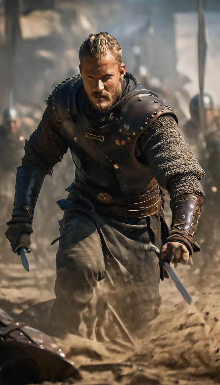 Illustrate the sons of Ragnar lothbrok standing together, wearing armor and holding weapons, ready to fight, heading for King Aella's fortress, crowd cheering for them , detailed face, detailed face expressions, natural face expressions, face in detail, asymmetrical faced,(tall and slender body), fair and smooth skin, detailed hands, detailed fingers, masterpiece, cinematic lighting, physically based rendering, lens flare, award winning rendering, perfect rendering detail, 8K, realism, detailed background, everything in detail, cinematic shot, dynamic lighting, 75mm, Technicolor, Panavision, cinemascope, fine details, 8k, HDR, realism, realistic, key visual, film still, superb cinematic color grading, depth of field, ,midjourney