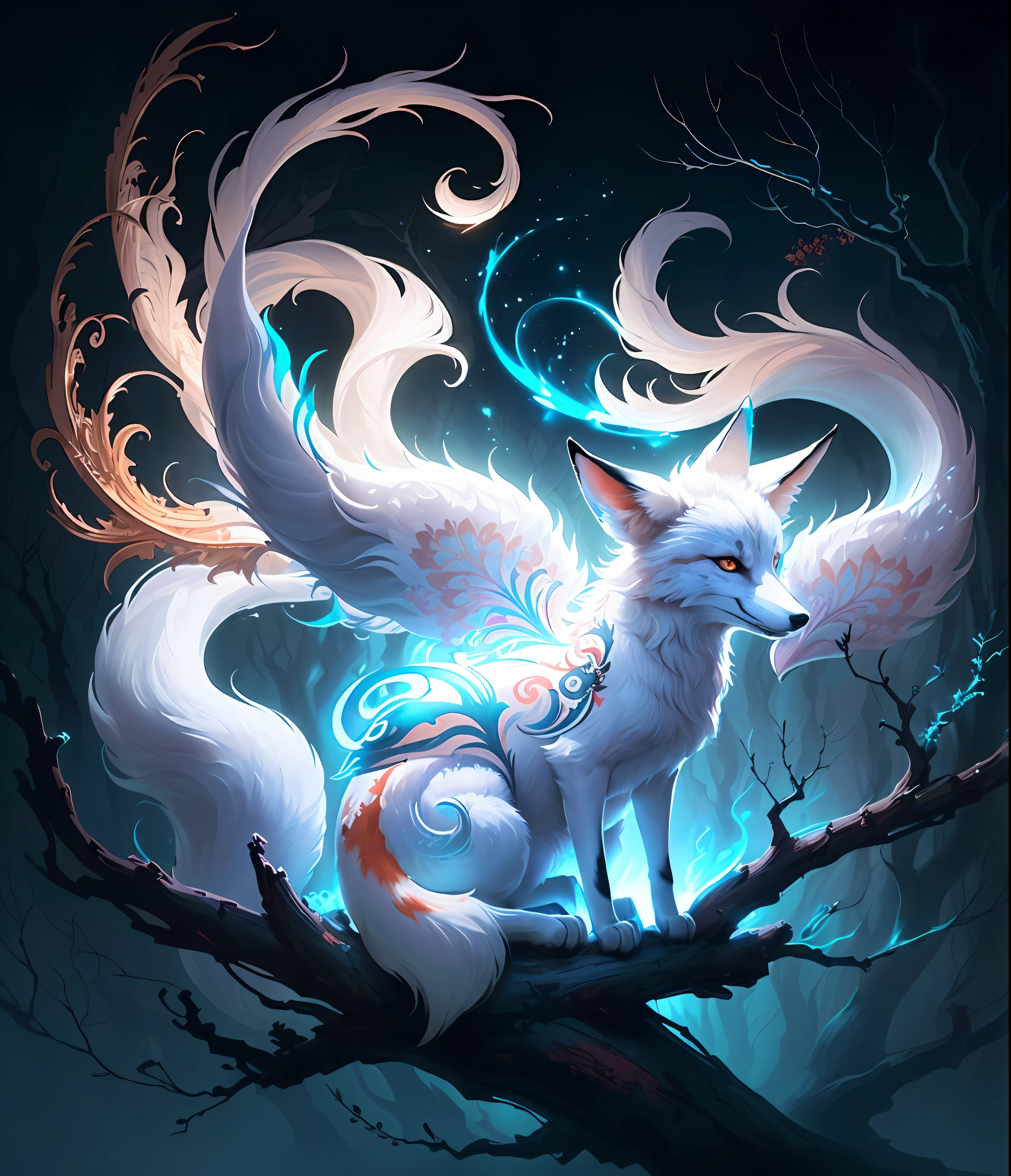 Drawing of a fox with white hair sitting on a branch, ethereal fox, nine-tailed fox, fox three-tailed fox, onmyoji detailed art, nine-tailed, beautiful artwork illustration, mythological creature, fox, beautiful Digital artwork, exquisite digital illustrations, mizutsune, inspired by mythical creatures Wildnet, digital art on pixiv, strong light, high contrast, horror movie theme, dark atmosphere
