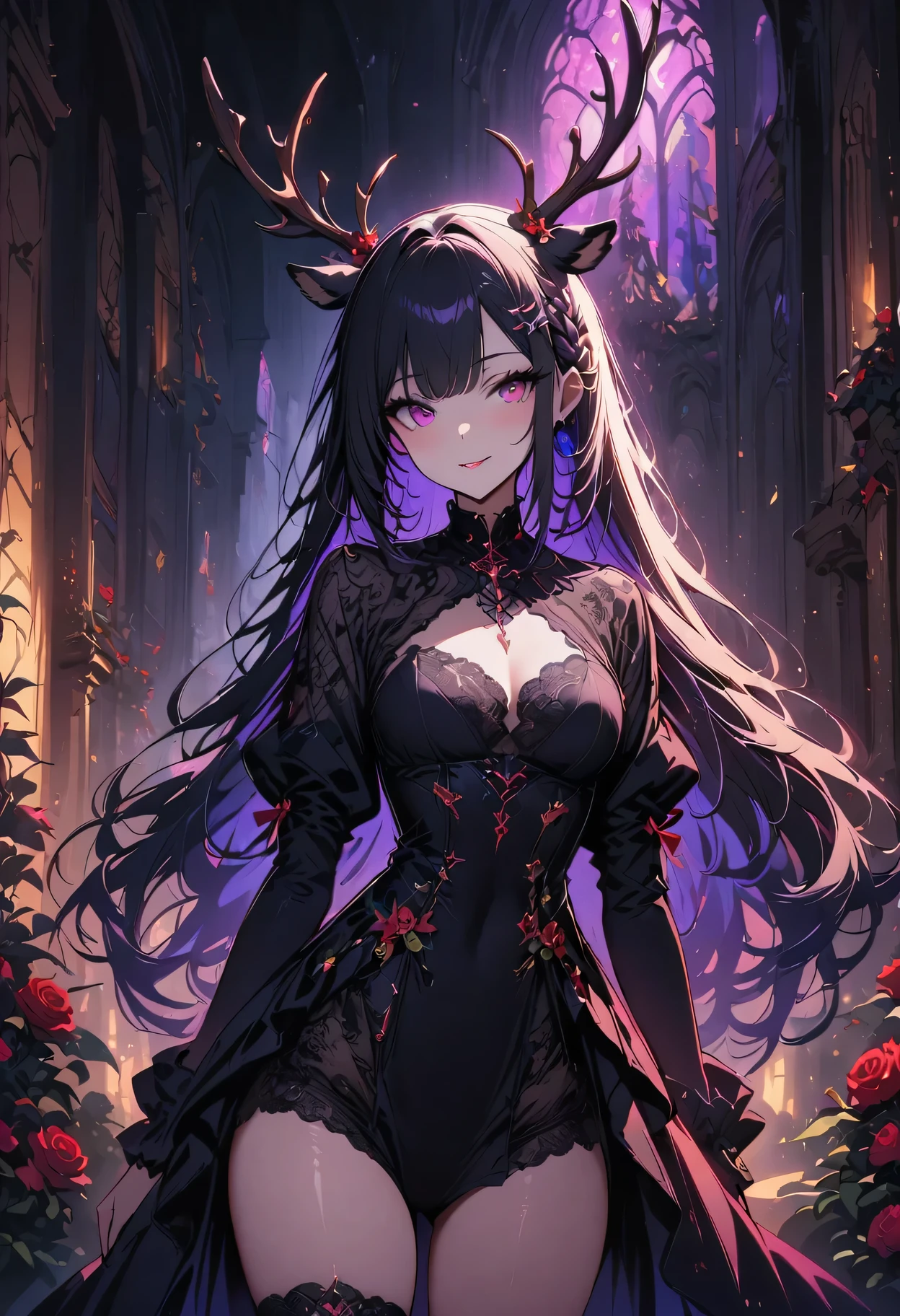 best quality,masterpiece, 1 girl, alone, model shoot, Astonishing, Alina, (((wearing underwear))), antlers, deer ears, Look at users, Smile, blush, hairpin,(( braid)), hair accessories, ((hairpin)),