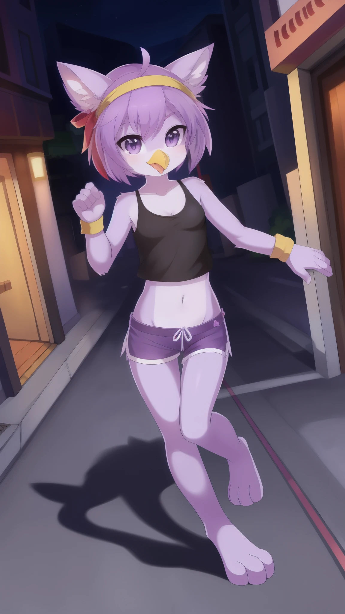 Furry girl, avian, yellow beak, young, clear purple body fur, magenta hair, punk hairstyle, anime style, small breasts, purple eyes, ((yellow headband with bow, black tank top, midriff, lilac hawaiian shorts)), navel, high quality, detailed body, detailed eyes, detailed face, masterpiece, glistening body, detailed body fur, best quality, perfect lighting, perfect shadows, perfect eyes, perfect hair, perfect face, gorgeous body, :P, street, clear sky, full body, feets with three toes, 3 toes,