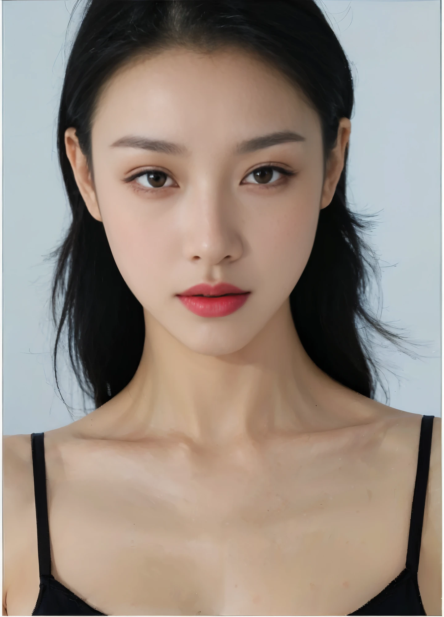 a close up of a woman with long black hair wearing a black bra top, korean symmetrical face, gorgeous young korean woman, xision wu, korean face features, gorgeous chinese model, beautiful south korean woman, yanjun chengt, popular korean makeup, beautiful young korean woman, with very thin lips, beautiful aesthetic face, xintong chen, clear lips and high quality