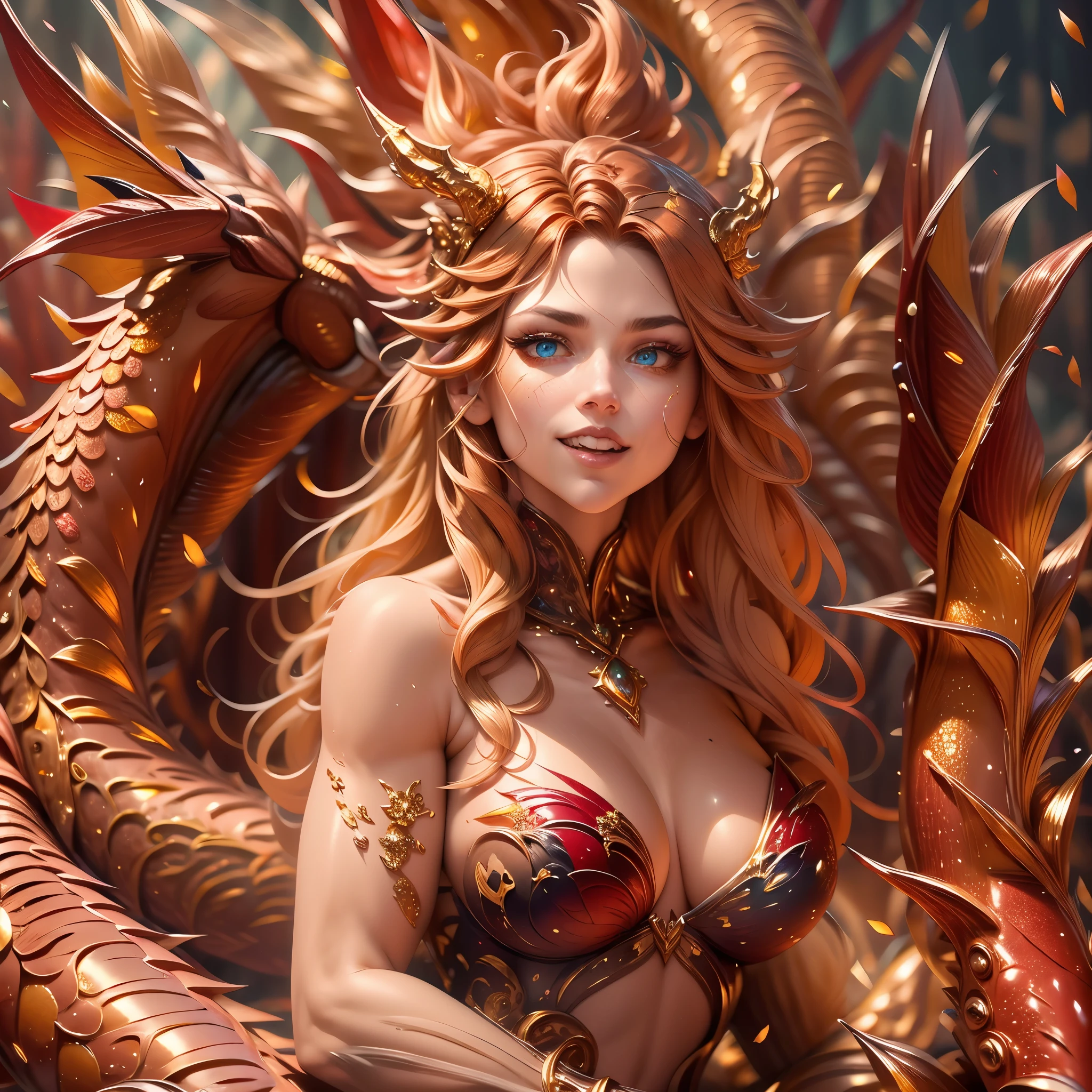 (best quality,4k,8k,highres,masterpiece:1.2, portrait), ultra-detailed, realistic, naked sexy dragon woman with red and gold glittering scales, skin is glittering ruby and golden scales, long wavy blonde hair with red highlights, very playful but mischievous smile, huge tits, gigantic breasts, naked, nude, detailed crotch, detailed vulva, sexy pose, playful, bi-coloured eyes, heterochromia, lustful