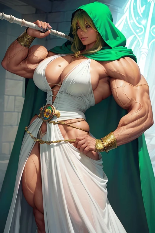 ((((Massive, tall, beautiful, buff, muscular brown skinned woman mage with green hair, ginormous bulky muscles, holding a dragon mage staff and wearing a beautiful hooded white enchanted robe with long long skirt)))), (close-up view), vascular, massive muscle, massive biceps, hyper muscle shoulders, hyper muscle triceps, (curvy long hair), orange eyes, (wearing a long extremely intricate robes, long magical robes), (white mage boots), smirk, white gauntlets, (in a dragon forest), evening, Vascular arms, hyper vascular arm, hyper muscles arms, hyper muscle legs, massive arms.