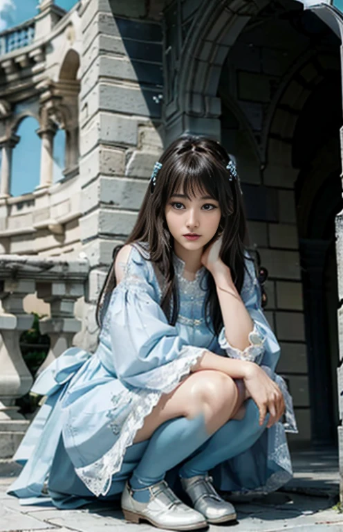 (ultra realistic realism)、(enlightenment)、(High resolution)、(8K)、(best illustrations)、(beautiful detailed eyes)、(highest quality)、(super detailed)、(masterpiece)、(wallpaper)、(detailed face)、alone、looking at the viewer、detailed face、shy look、 long hair、46 point diagonal bangs、((gorgeous light blue lace dress))、((Beautiful woman squatting with her legs wide open on the balcony of a castle))、crotch is visible、Pee、urinating、Taken at the best angle