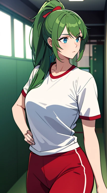 A hot female student with dark green long ponty-tail hair and blue eyes in gym shirt with red track pants, background is a hallway in a ship