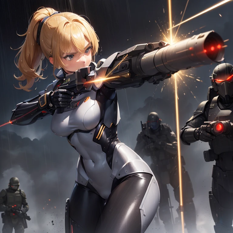 A very energetic Retrouse , (A very energetic Retrouseのとがった乳首:1.0), (A very energetic Retrouseのとがった乳輪:1.0), (Wearing a mechanical armor suit:1.3), Visible navel, Visible thighs, (Focused on a small dynamic 21 year old woman with a laser gun:1.3), (A woman dynamically aiming a laser gun at enemy troops:1.3), (Detailed Warzone battle backgrounds:1.3), (petite and short stature:1.0), (thin waist:1.1), (blonde ponytail), (dynamic action angles:1.3), (Laser gun with realistic and accurate details :1.3), (Surrealistic intricate sharp details:1.2), (contrasting light:1.2), (it's raining:1.2), (Wet:1.4), (at night:1.2), (Accurate reflections:1.2).