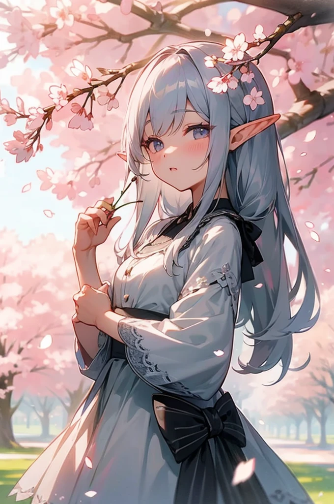 elf、long gray hair、Patsun bangs、lace dress、Cherry blossom viewing、cherry blossoms、手にcherry blossomsの花びら、High resolution