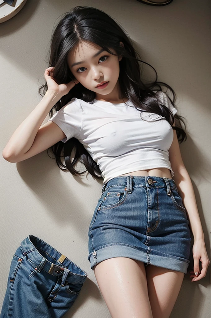 Girl in white OK and tight denim skirt posing for photo, whole body, Paired with a short T-shirt, OK, slim, Smaller bust, Slim girl model, 24 year old female model, Lying on the construction site, A group of black people are watching