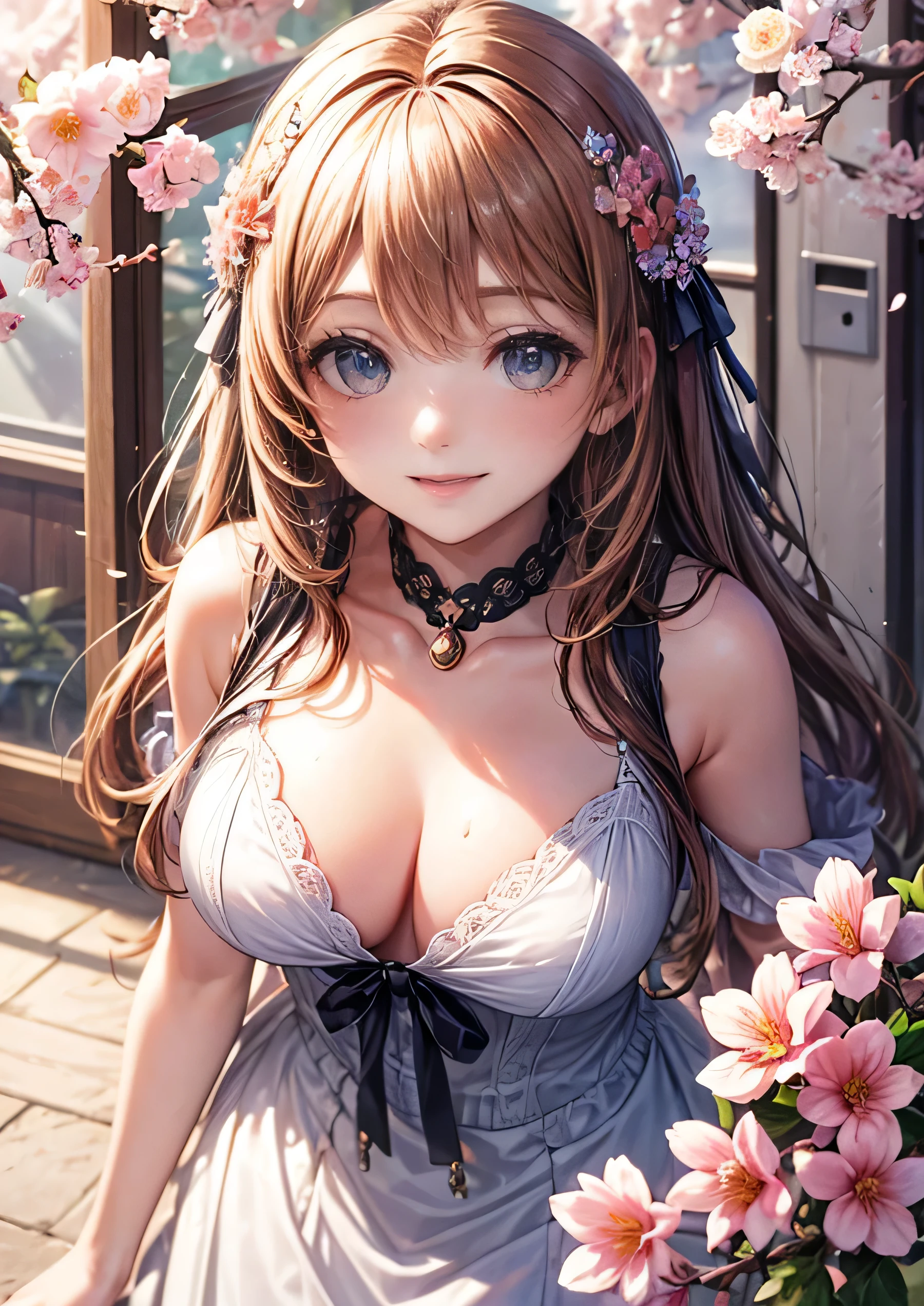 (((masterpiece,highest quality,high resolution,Ultra fine,insanely detailed,8K,High resolution))),1 girl,beautiful girl,cute,big breasts,Spring flower garden,photo shoot,late teens,short cherry blossom hair,big eyes,Charming smile,slim,Lively impressions,high school student,Photography club member,Light spring dress,floral accent,Vast flower garden,Soft afternoon light,camera holder,surrounded by flowers,Close-up of half body,Smiling and making a peace sign while holding the camera,anime style