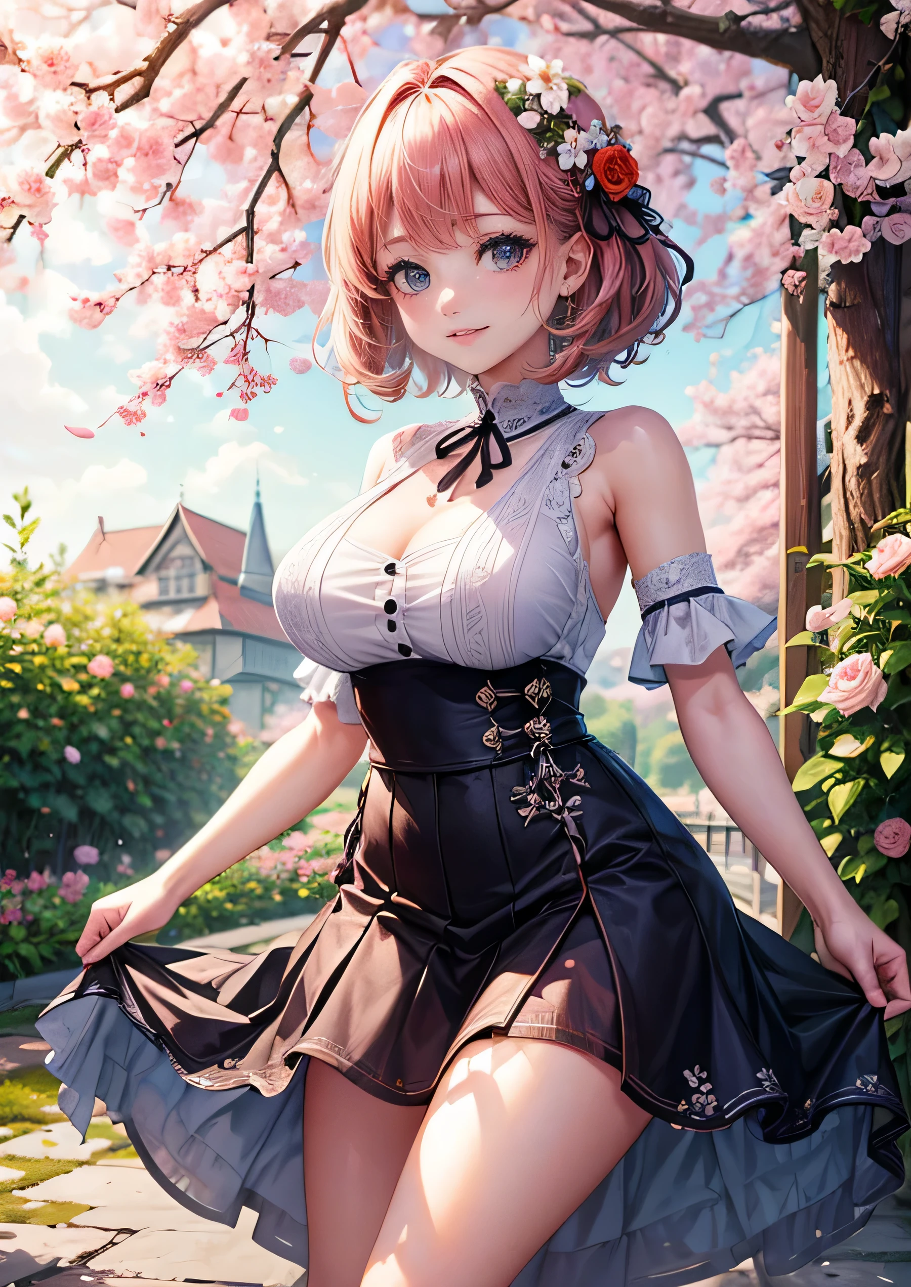 (((masterpiece,highest quality,high resolution,Ultra fine,insanely detailed,8K,High resolution))),1 girl,beautiful girl,cute,big breasts,Spring flower garden,photo shoot,late teens,short cherry blossom hair,big eyes,Charming smile,slim,Lively impressions,high school student,Photography club member,Light spring dress,floral accent,Vast flower garden,Soft afternoon light,camera holder,surrounded by flowers,Close-up of half body,Smiling and making a peace sign while holding the camera,anime style