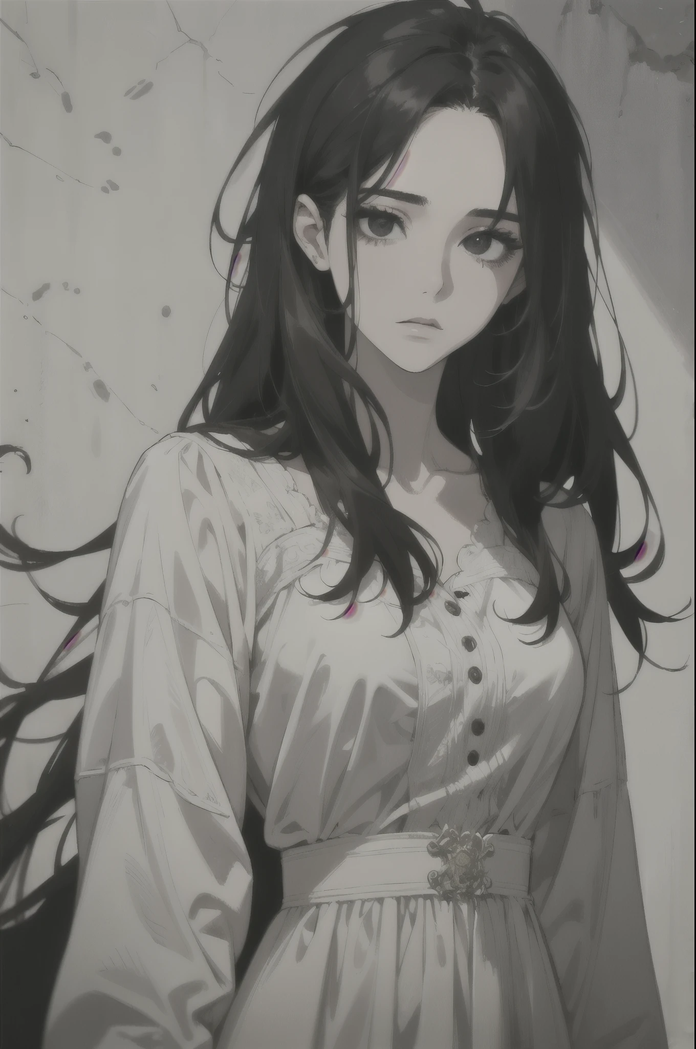 midjourney, ((best quality)), ((masterpiece)), (detailed), perfect face, 1female, beautiful male, young, 18 years. old, ((black hair, messy long hair)), ((black eyes)), depth of field, pale white skin, white dress, dark circles under eyes, tired expression, vivid colors.