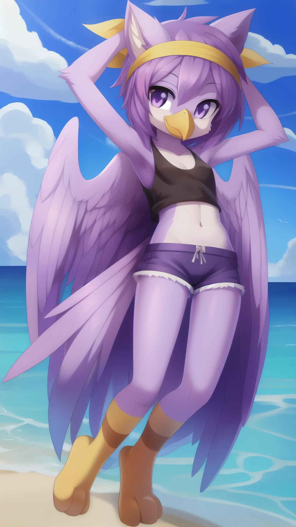 Avian girl, avian, yellow beak, young, clear purple body fur, magenta hair, punk hairstyle, anime style, small breasts, purple eyes, ((yellow headband with bow, black tank top, midriff, lilac hawaiian shorts)), navel, high quality, detailed body, detailed eyes, detailed face, masterpiece, glistening body, detailed body fur, best quality, perfect lighting, perfect shadows, perfect eyes, perfect hair, perfect face, gorgeous body, beach, clear sky, full body, feets with three toes, 3 toes, wings on back,