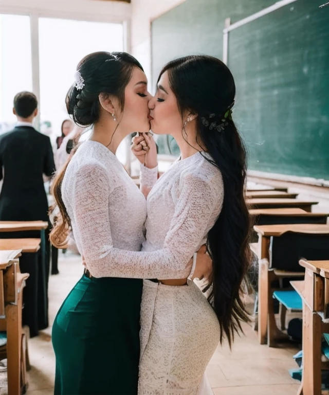 2 girls who gets married and stands in front of many people, kissing,teacher