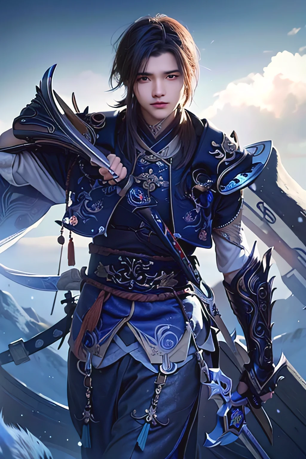 a close up of a person holding a sword in a cloudy sky, inspired by Huang Shen, heise jinyao, zhao yun, inspired by Shen Zhou, glaive, inspired by Yi Jaegwan, tane skin, by Yang J, nocturne from league of legends, keqing from genshin impact, sylas, painted in the style arcane