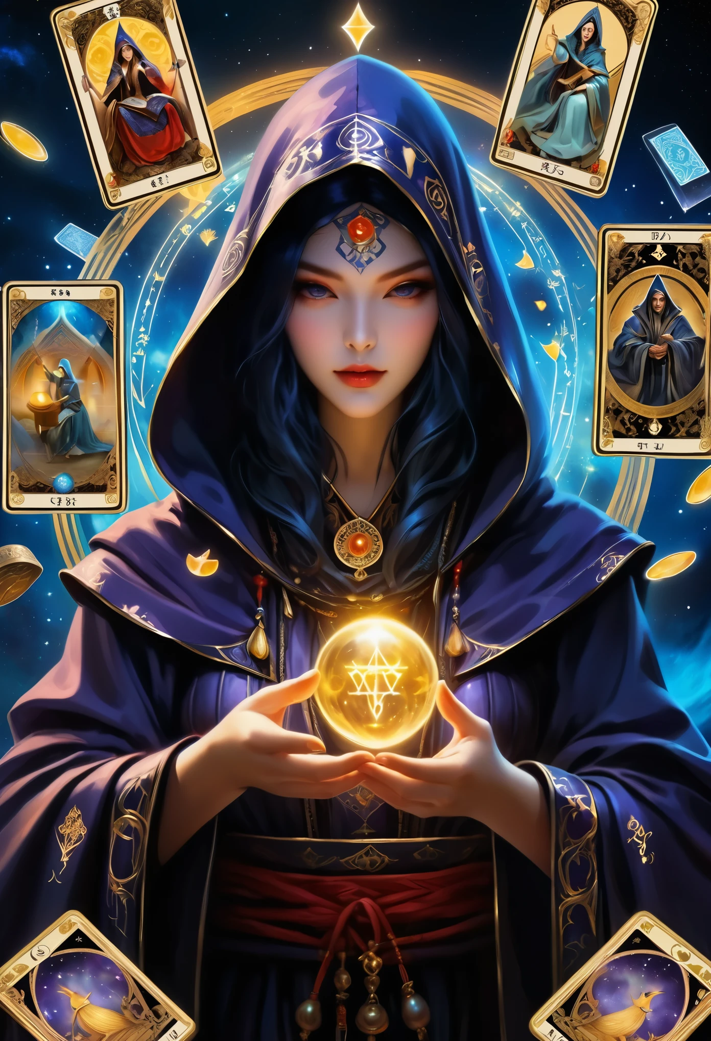 Onmyoji,Metal photo frame,card,tarot cards:1.37.Mysterious fortune teller wearing hood,Finger taps an array of tarot cards in the air,Mystical symbols and elements,ancient mysterious atmosphere,Realistic illustrations,meticulous details,Vibrant and energetic composition,dark style,gothic style