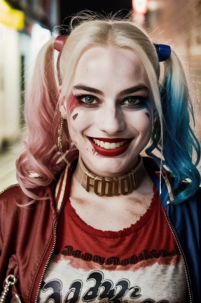 RAW photo, a portrait photo of 25 y.o woman, harleyquinn, crazy smile, red leather jacket, fishnet, shorts, night, city street, (high detailed skin:1.2), 8k uhd, dslr, soft lighting, high quality, film grain, Fujifilm XT3