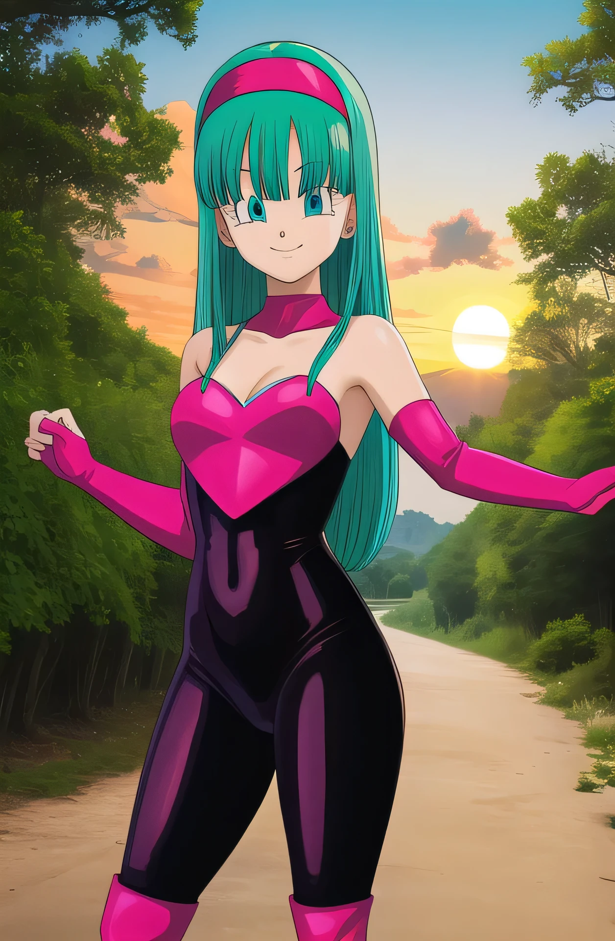 dbgtbra, 1 girl, solo, aqua hair, straight hair, long hair, aqua eyes, red hairband, smile, closed mouth, cowboy shot, 1 girl, solo, rouge_the_bat_(cosplay), black rubber bodysuit, white elbow gloves, bare shoulders, medium breast, green eyes, smile, standing up , filled with trees and flowers, sunset, Masterpiece, High Quality, 8K, HDR, 