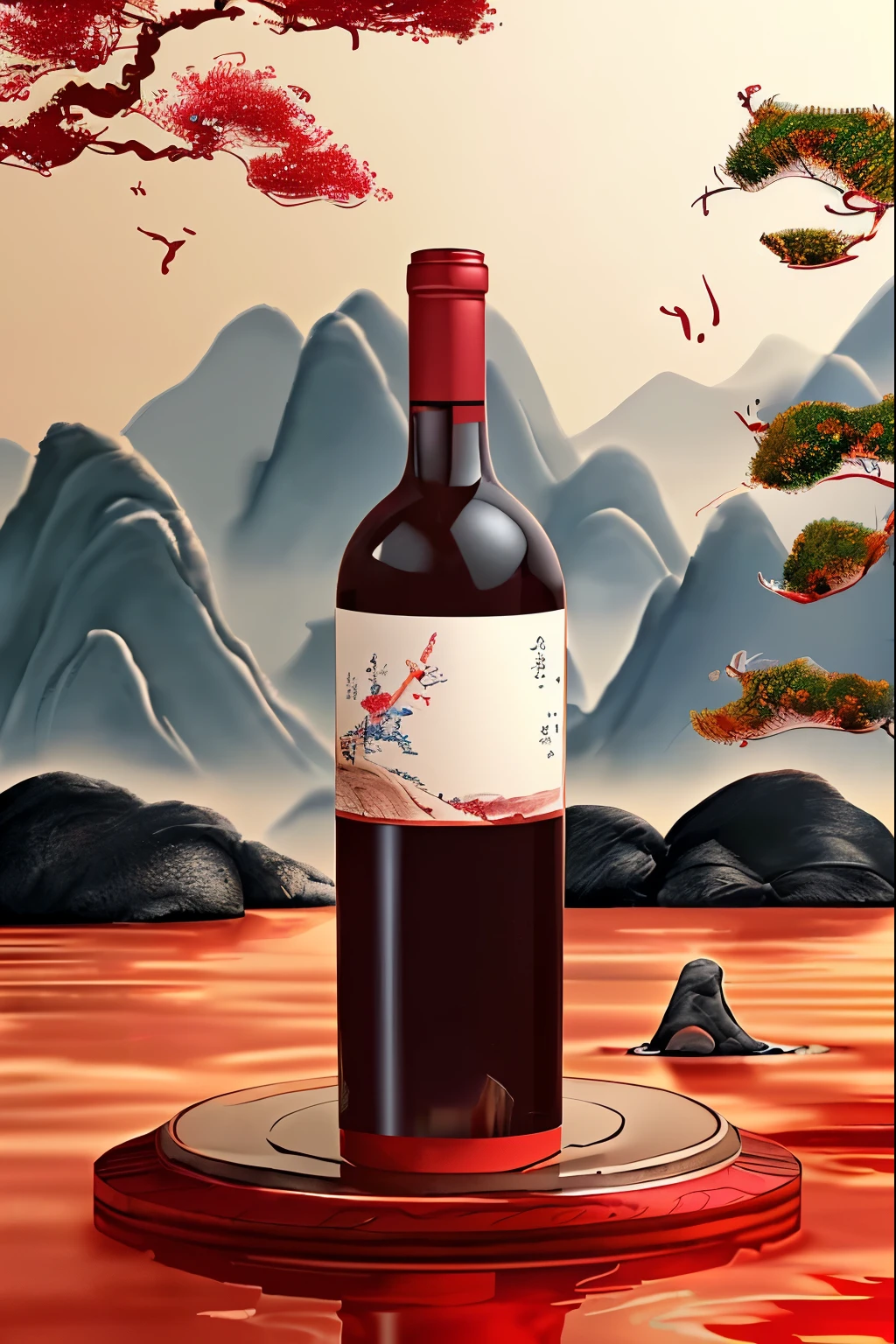 there is a bottle of wine on a stand in the water, wine label, More detailed illustrations, High detail illustration, Inspired by Dong Yuan, Very detailed illustrations.”, Chinese painting style, Inspired by Cao Zhibai, Chinese watercolor style, Very detailed illustrations, A beautiful artistic illustration, poster illustration, wine, river of wine, inspired by Shi Zhonggui