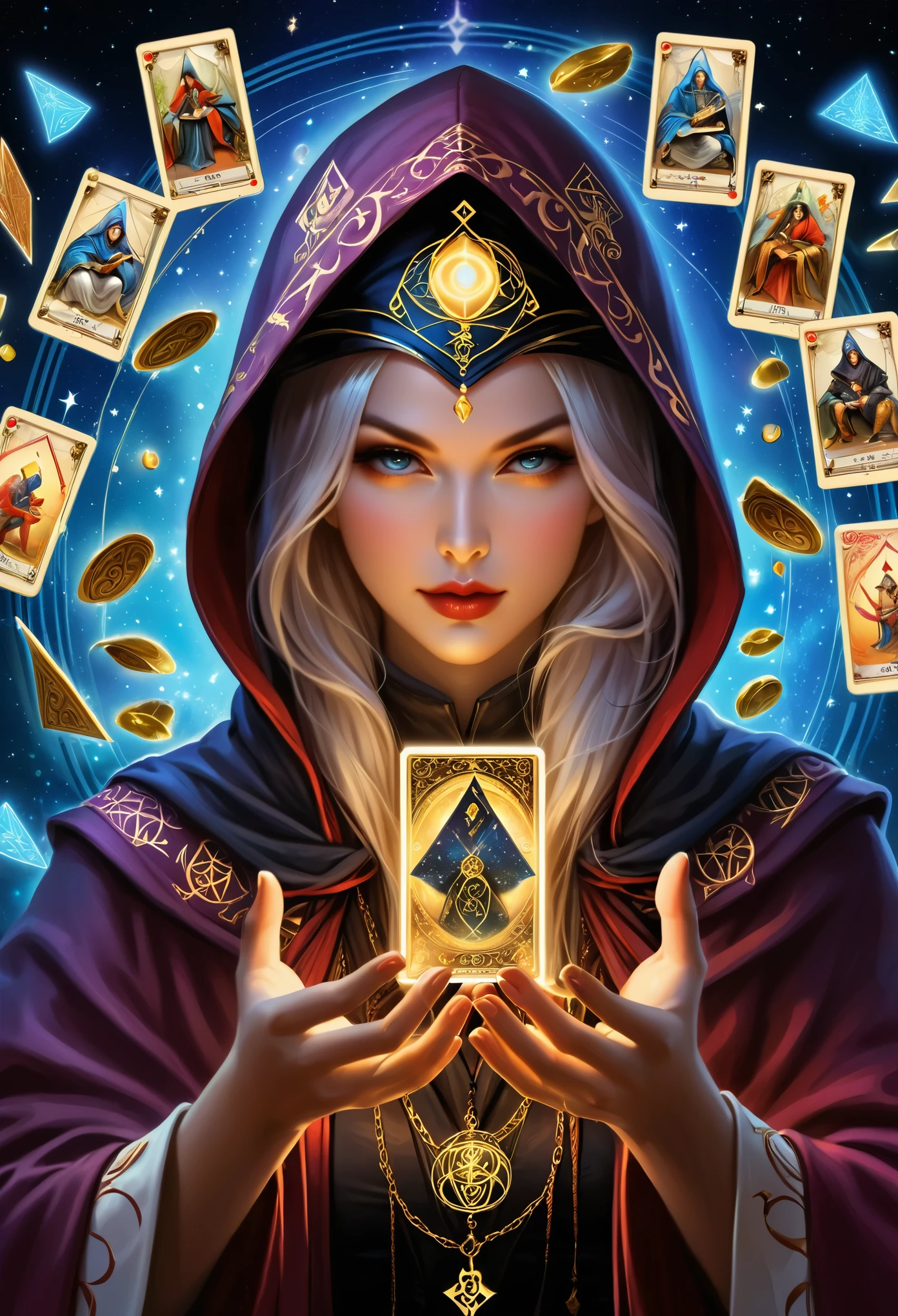 Onmyoji，Metal photo frame，card，tarot cards：1.37.Mysterious fortune teller wearing hood，Finger taps an array of tarot cards in the air，Mystical symbols and elements，ancient mysterious atmosphere，Realistic illustrations，meticulous details，Vibrant and energetic composition，dark style，gothic style