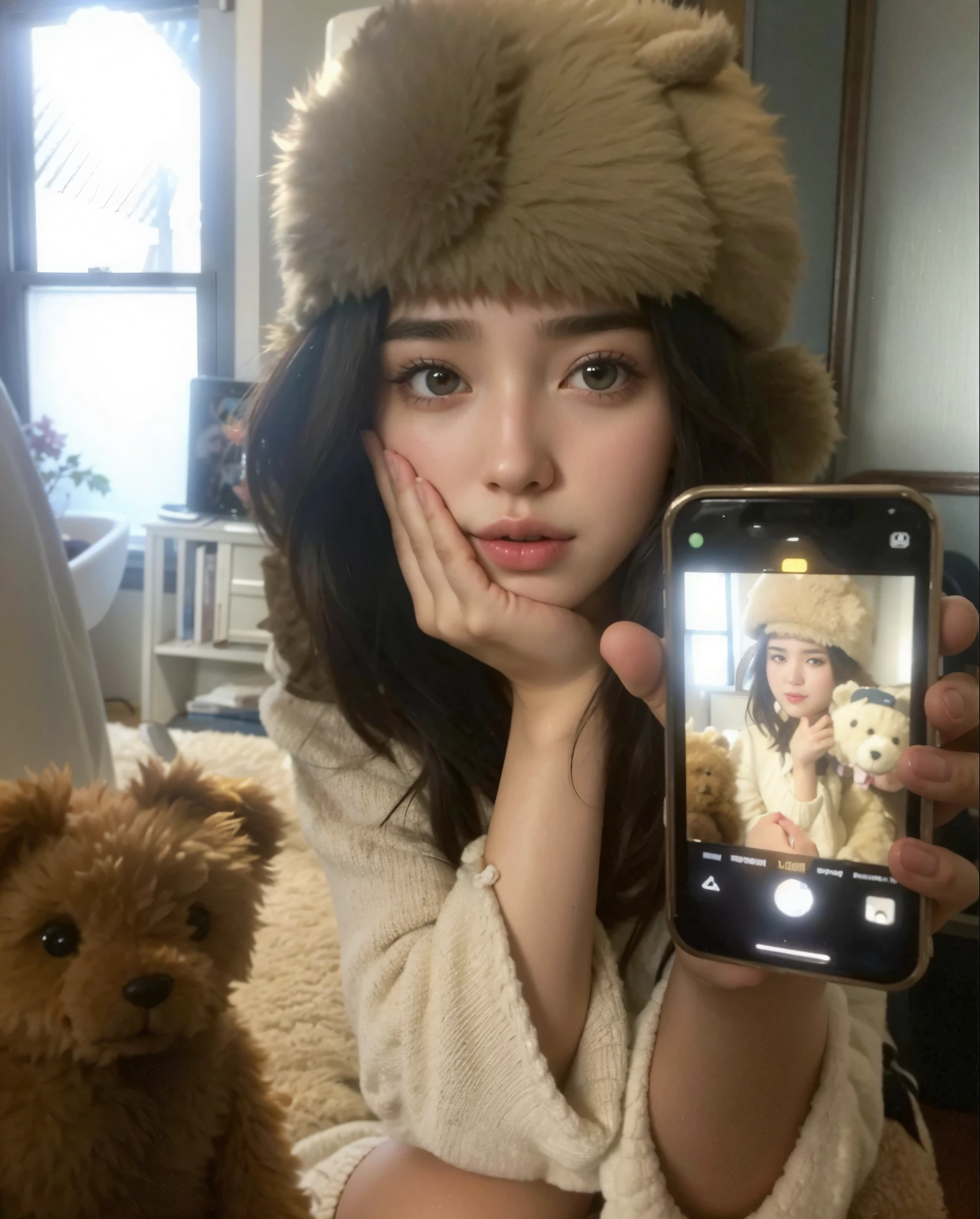 woman in a furry hat holding a cell phone and a teddy bear, 8k selfie photograph, iphone selfie, kailee mandel, dilraba dilmurat, leaked image, very very low quality picture, mirror selfie, professional iphone photo, wearing a fisher 🧥, photo on iphone, madison beer, dua lipa, 😭 🤮 💕 🎀, fluffy bangs