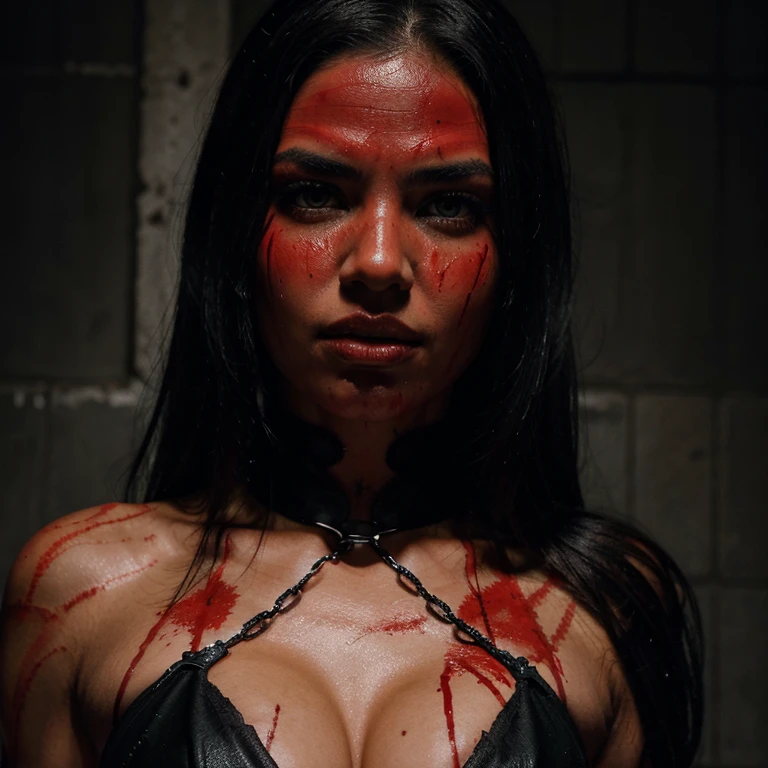 Black color scheme Spider woman Adriana Lima, beautiful covered in blood, good quality, depression, cuffed up with chains , mouth is filled with blood, looking straight forward and covered in drops of blood, Emerald eyes