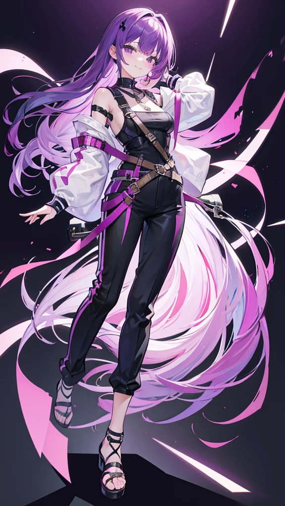 purple hair,girl,1 person,medium hair,Harness,pants,Heel,simple background,smile,whole body,full body,standing position,Standing picture,VTuber,front,How to look at the viewer,視線をfrontに,