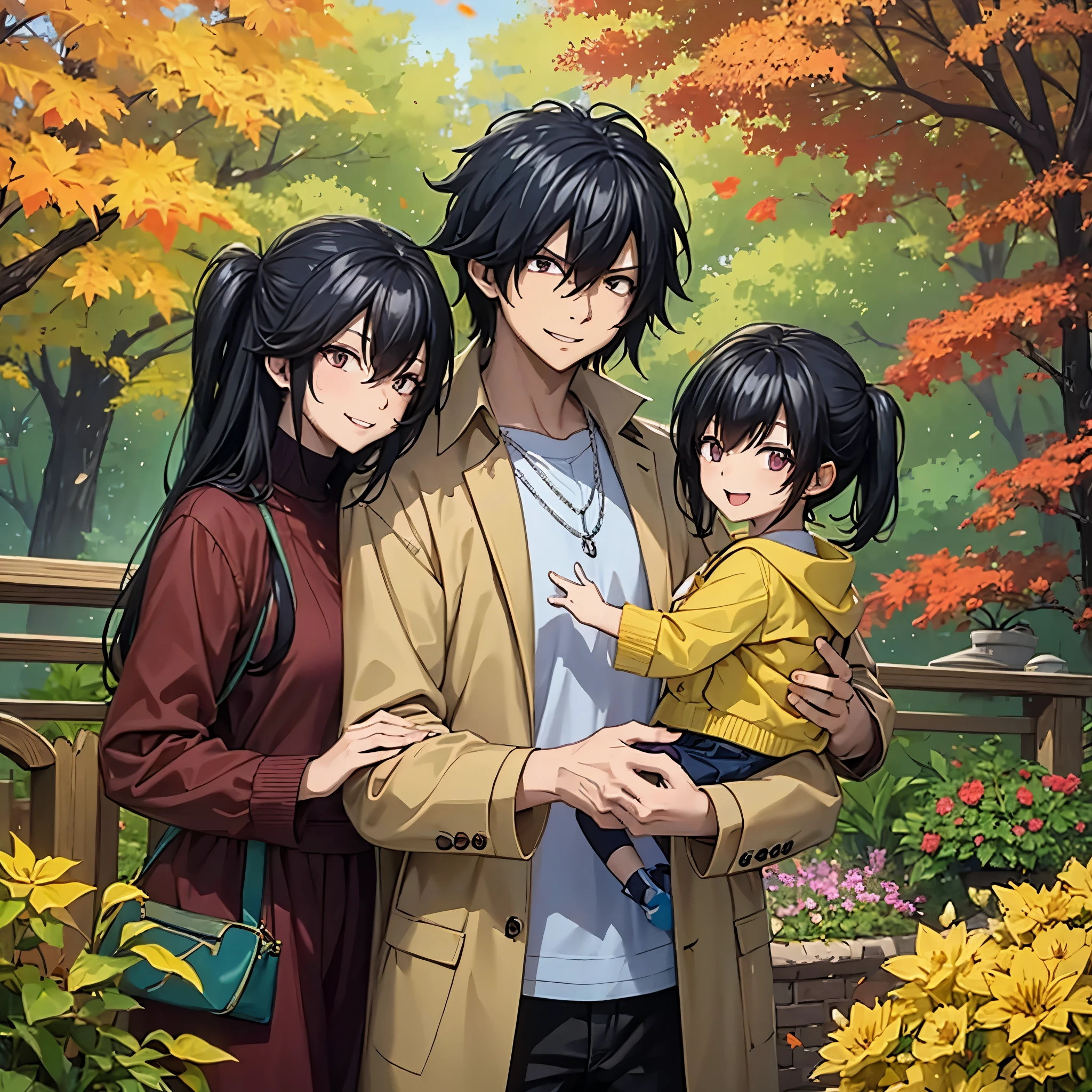 A man together with his wife and daughter (small daughter like his wife) in autumn themed casual clothes, smiling, detailed eyes, detailed face, in an autumn themed garden.
