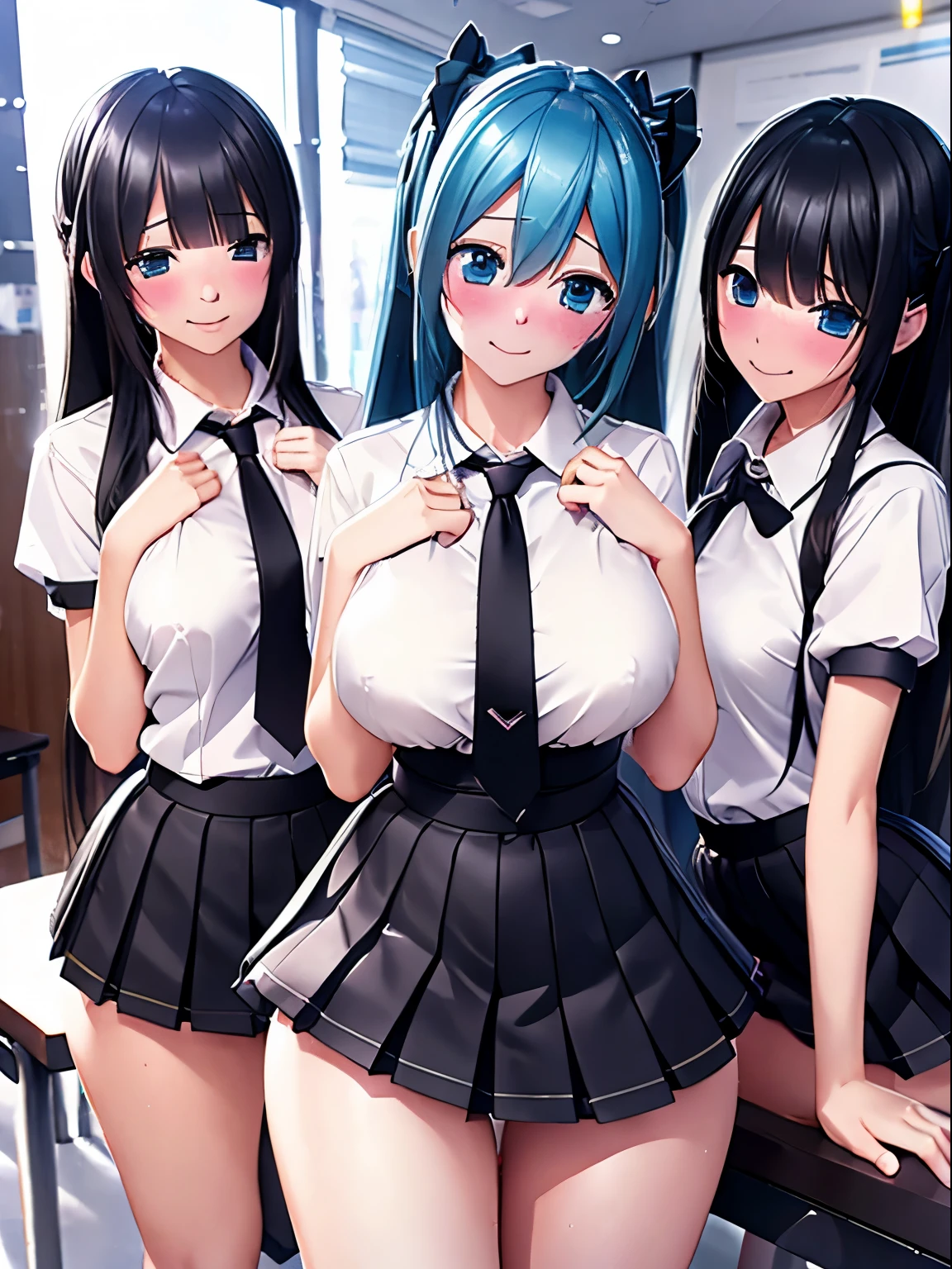 multiple girls、drunk、cross-eyed、embarrassed、black shirt、pleated skirt、Hatsune Miku、8K high quality、Super realistic details、table top、3D rendering、detailed body、detailed hands、highest quality、best style、bright light、blur the background、student