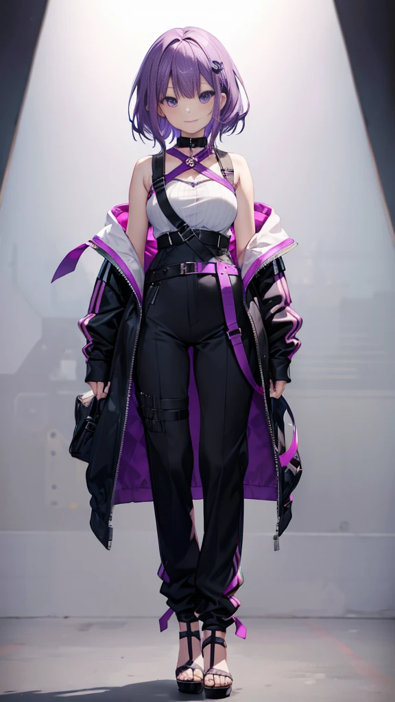 purple hair,girl,1 person,medium hair,Harness,pants,Heel,simple background,smile,whole body,full body,standing position,Standing picture,VTuber,front,How to look at the viewer,視線をfrontに,arm to the side