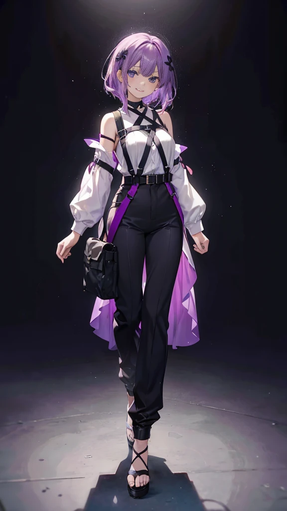 purple hair girl,medium hair,Harness,pants,simple background,smile,whole body,full body,full body,Standing picture,vtuber,front,from front,Viewer's perspective,視線をfrontに,
