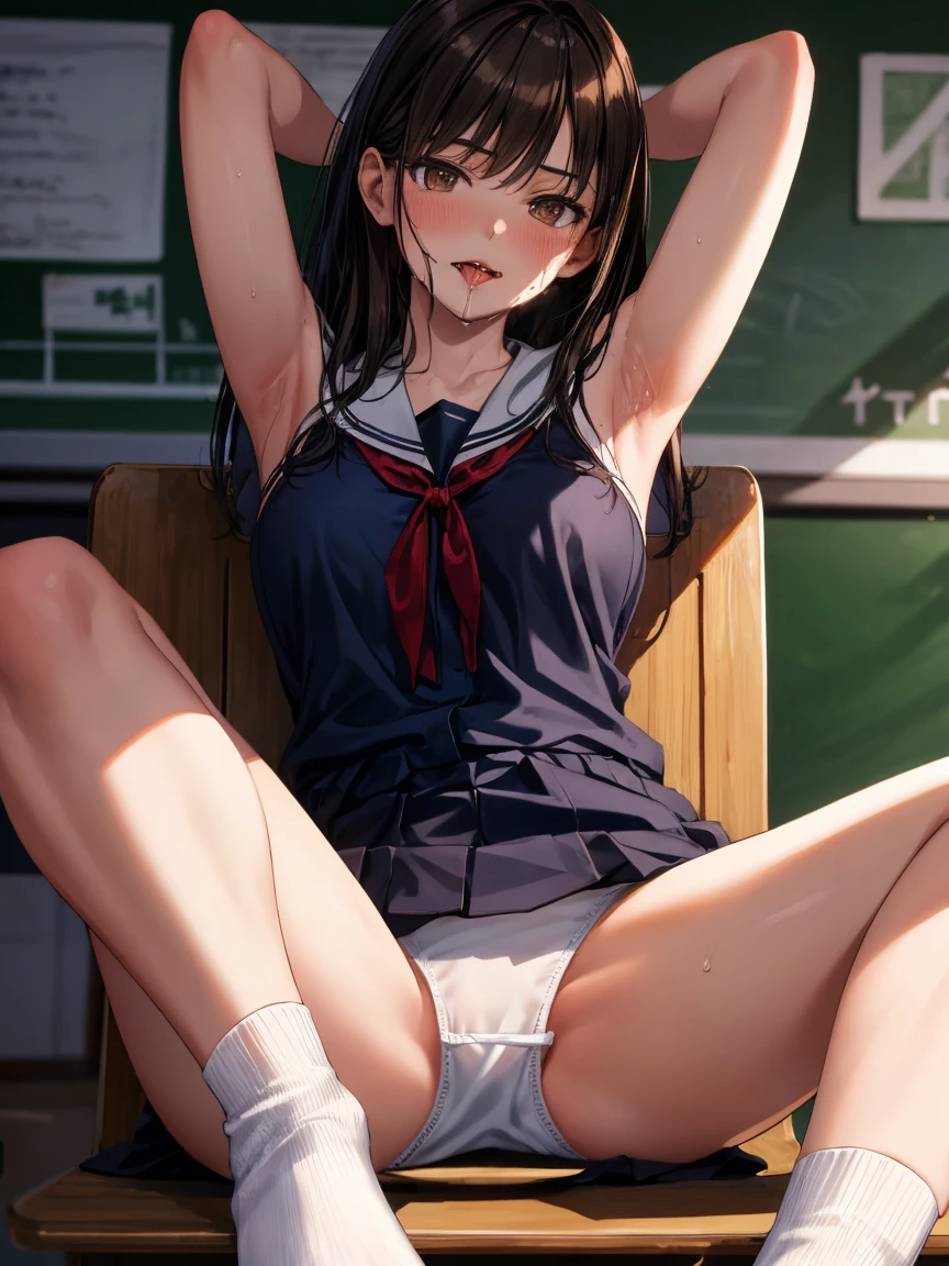 ((masterpiece)), ((highest quality)), (Super detailed), ((very detailed)), 4k, (8K), highest quality, (beautiful), super detailed illustrations, realistic, 1 girl, alone, an extremely cute and beautiful young girl, big breasts,from below,seat,spread your legs,Medium straight,brown hair,brown eyes,high school girl uniform,white panties,(panty shot),classroom、white socks、Point your feet toward the photographer、The soles of the feet are stuffy、hands clasped behind the head、I can see the side、sweaty、My armpits are steamy、Turning away from the photographer、Japan Female Junior High School Studentouth open、sticking out tongue、saliva、big breasts、Completely naked、Armpit hair is growing