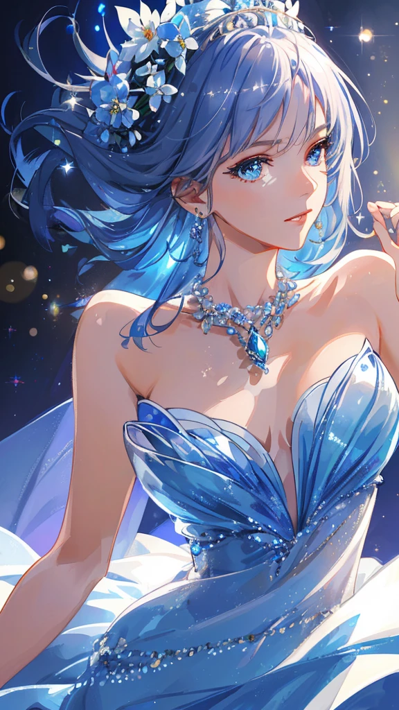 masterpiece, best quality, illustration, saxophone blue, platinum earrings, platinum necklace, white dress, 1 girl, Lovely, (dynamic lighting:1.2), movie lighting, Exquisite facial features, delicate eyes, sharp pupils, realistic student, depth of field, Bokeh, sharp focus, (Super detailed, bloom, glow:1.4), many little gems