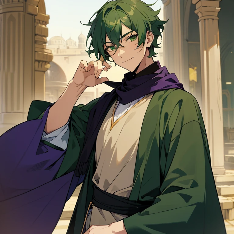 1 boy, green hair, green eyes, calm face, handsome, smile, short hair, missy hair, sarcastic, ancient middle eastern purple clothes, ancient Arabian purple cloth