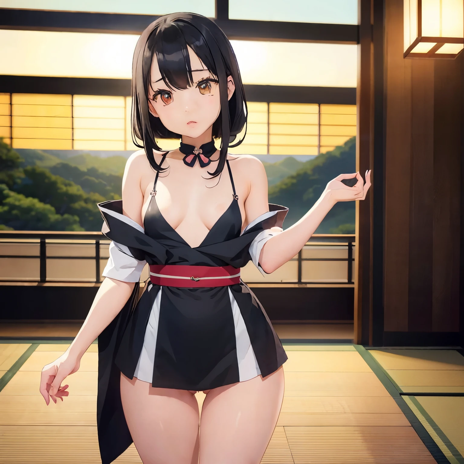 japanese 、black hair、Dango、bangs、cute、Fair skin、、Extremely thin、slender、、small breasts、Straight breast、Flat breasts、thin legs、thin thighs、classroom、high resolution、high resolution、High-resolution, detailed landscape、cinematic lighting
