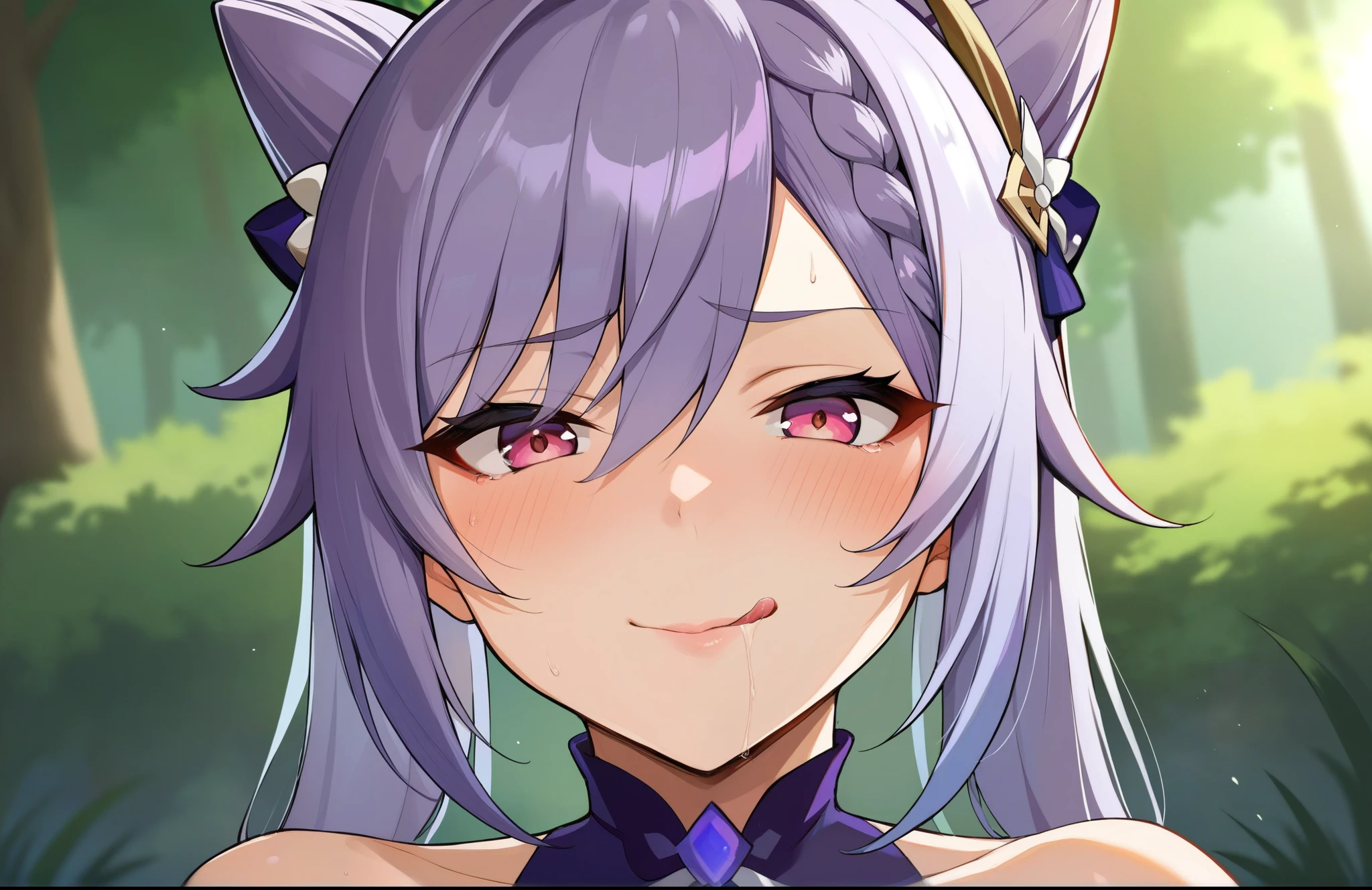 Ahegao, Rolling eyes, Tongue out, blush, Pink eyes, Glowing eyes, keqing, genhin impact