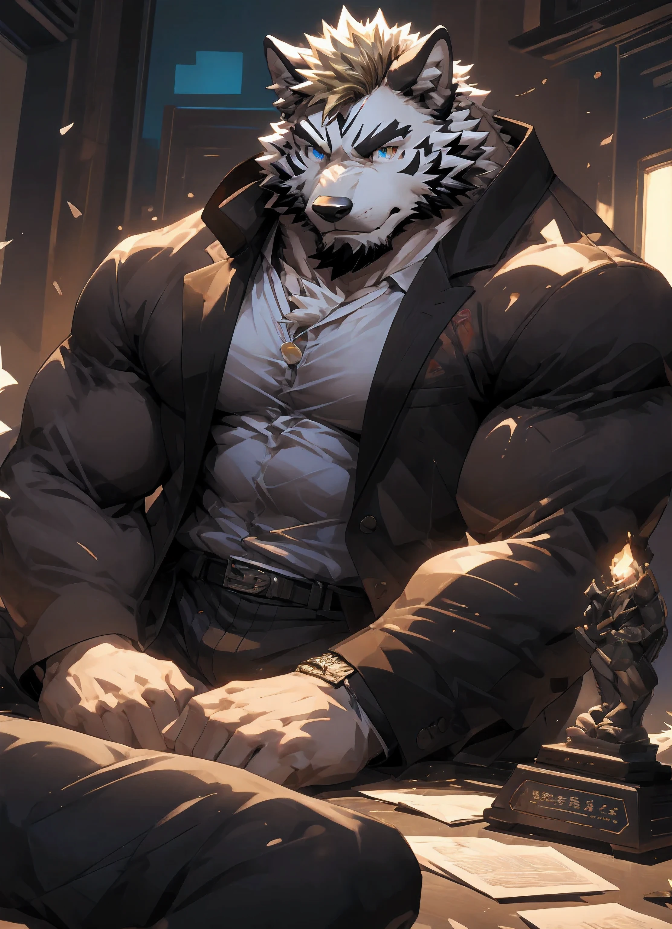 dynamic poses, a scene in, Extreme perspective and powerful composition,  (super detailed), sharp focus, Genji, Eye,Gray Eye, hairy,white fur, blond,human nature (white wolf), male, middle aged, white body, white belly, muscular ，Super detailed face, (delicate Eye),1 male，（Clothes are messy:1.4），office background(dark:1.3),(1.2)(best quality), (masterpiece), high detail, high quality, Award-winning, High resolution, HD, 16K