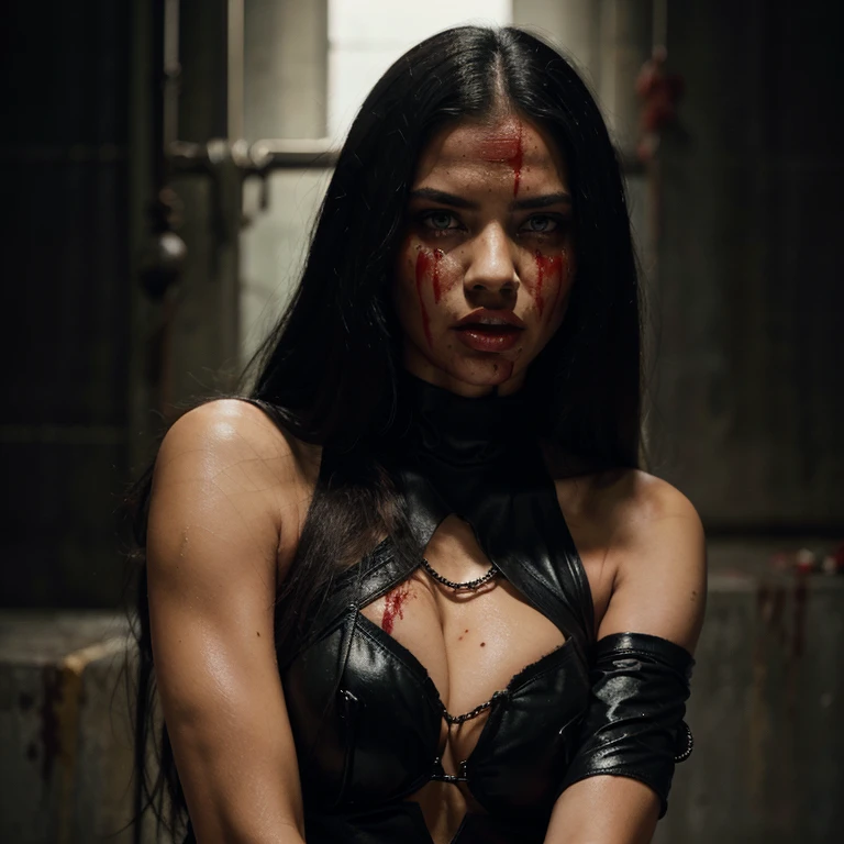 Black color scheme Spider woman Adriana Lima, beautiful covered in blood, good quality, depression, cuffed up with chains , mouth is filled with blood, looking straight forward, full face of blood, Emerald eyes