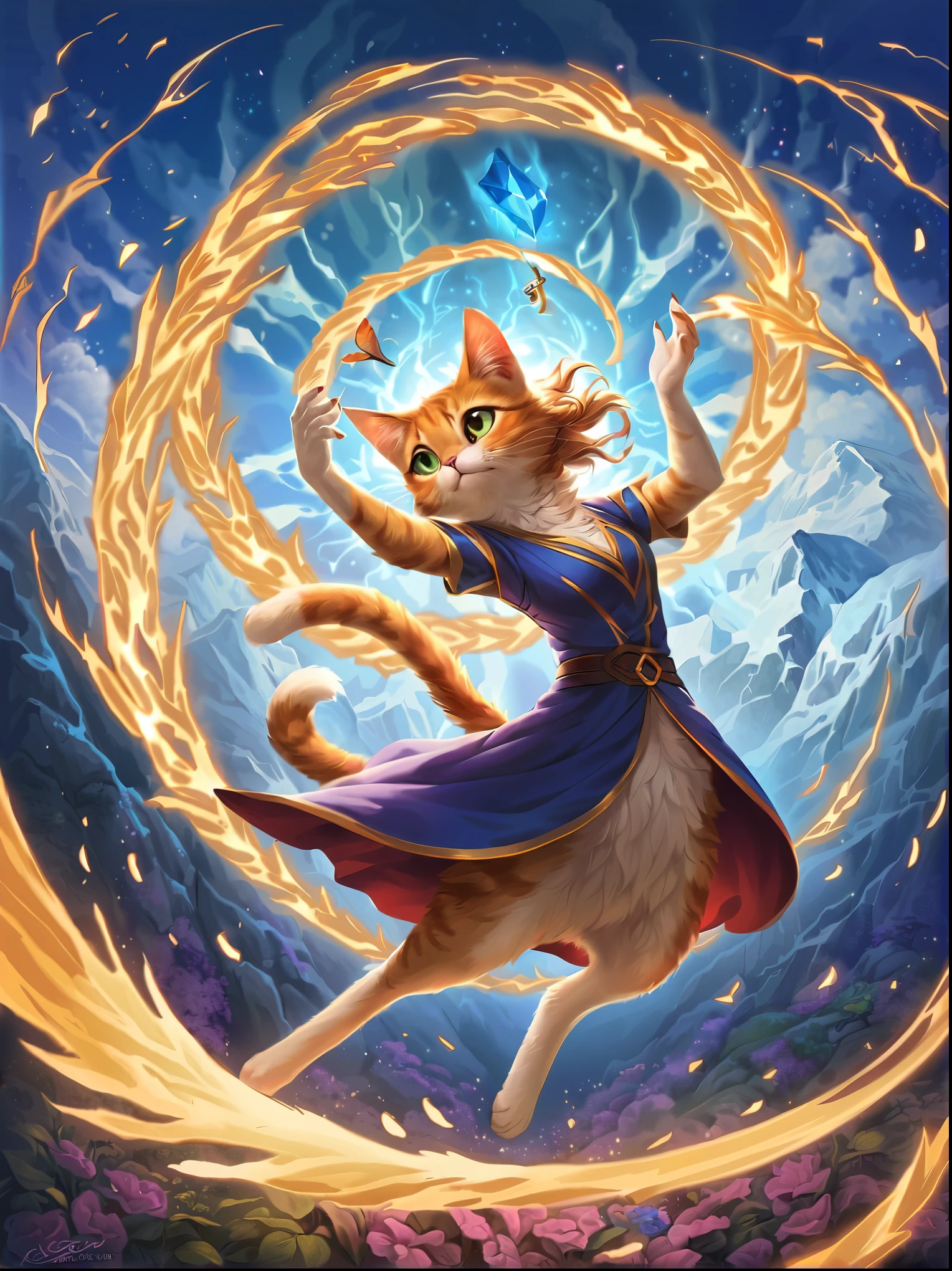 anthropomorphic cat:1 girl:cat ears:cat tail,fluffy,smooth fur,perfect face,cute,Use of magic,Magic Effects,dance,anatomically correct,(masterpiece, highest quality:1.2),masterpiece,highest quality,最高masterpiece,8K,,Wind,fantasy,,wonderful,, Mysterious, charm, Whimsical, playful, adventurous, free, wonder, imagine, decide, skill, speed, movement, energy, realism, naturalistic, figurative, represent, beauty, fantasy culture, myth, fairy tale, folklore, Legend, witch, wizard, Magical creatures, fantasy worlds, composition, scale, Zenikichi, midway point, background, perspective, light, color, texture, get used to it, beauty, wonder,anatomically correct