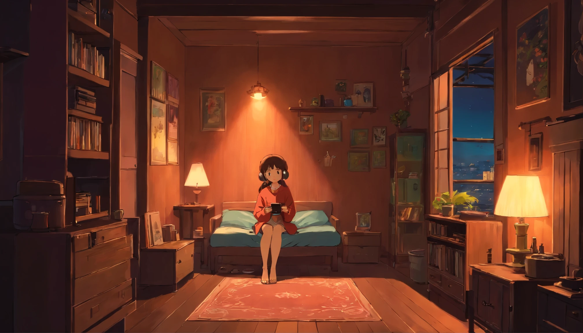 night、Girl listening to music in a cozy room, 2D, lo-fi, hard disk, dark environment