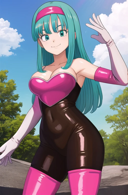 dbgtbra, 1 girl, solo, aqua hair, straight hair, long hair, aqua eyes, beautiful detailed eyes, red hairband, smile, closed mouth, cowboy shot, 1 girl, solo, rouge_the_bat_(cosplay), black rubber bodysuit, white elbow gloves, bare shoulders, medium breast, green eyes, smile, standing up , filled with trees and flowers, sunset, Masterpiece, High Quality, 8K, HDR,
