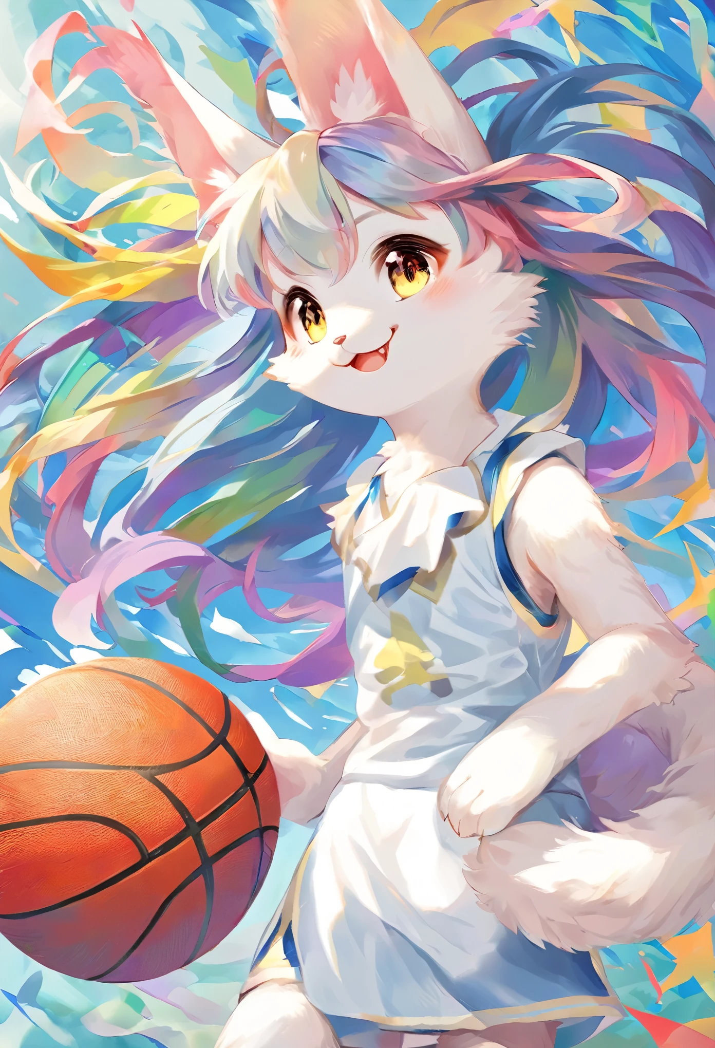 Cat:1 girl::basketballのユニフォーム,basketball,anatomically correct,cute,masterpiece,rich colors,highest quality,official art,fantasy,colorful,Happy,smile,最高にcuteCat,fluffy,I'looking forward to it,happiness,nice background,basketballコート,fun,funスポーツ,Sparkling,beautiful light and shadow,cuteポーズ,draw with thick lines,gracefully,blurred background,An illustration,fancy,