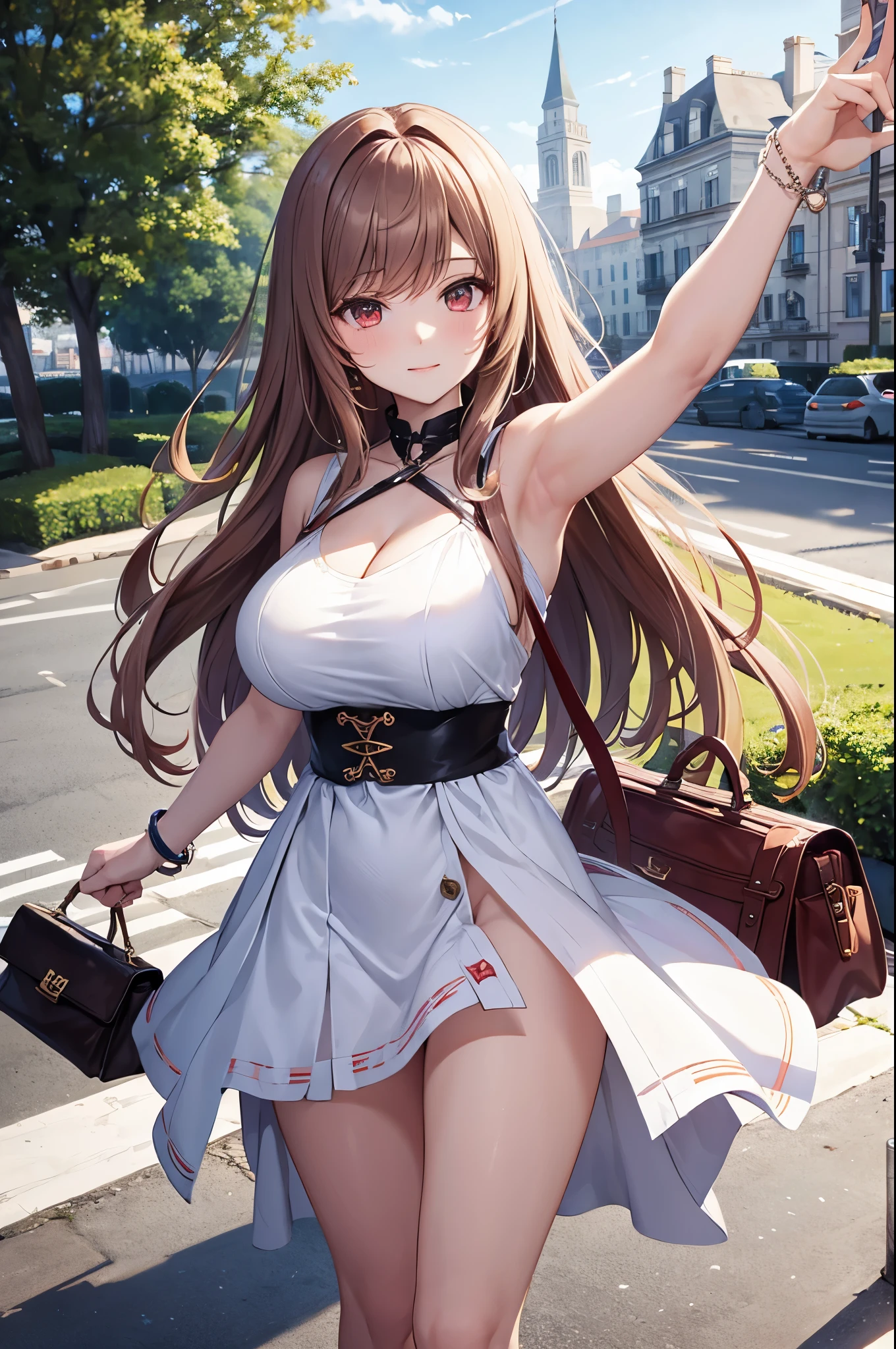 Game , goddess of victory nikke, Rapi , light brown hair,  alluring eyes ,beautiful face , crystal red eyes ,  long hair ,plain colour spaghetti strap dress, selfie wind, 1 hand bag,g cup breast, slender waist, bewitching thighs, five fingers each hand, two hand ,two leg , in town, date, standing, beautiful, high heels, daylight, recreation park,