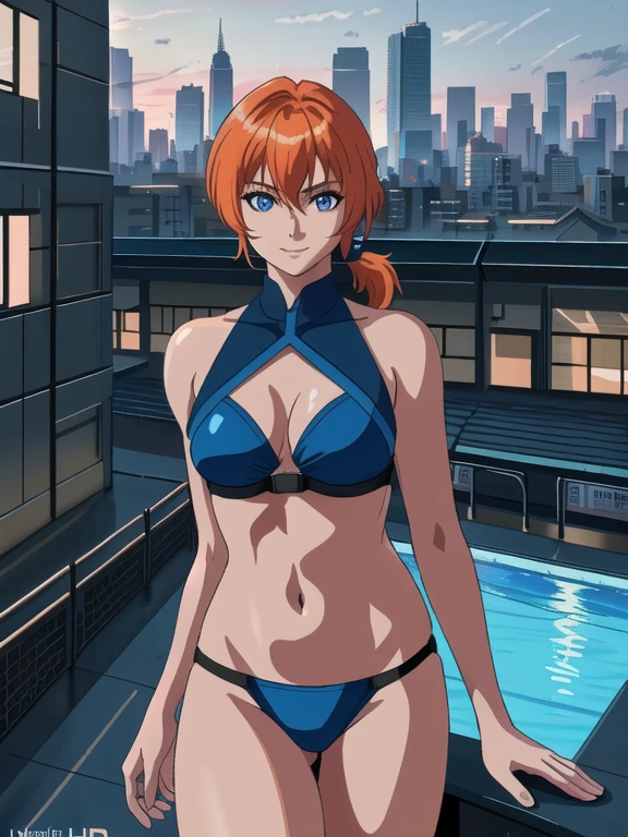 1girl, ((32 years old, dressed in a blue bikini:1.2, medium breasts, short orange hair, pony tail styled hair, perfect model body:1.3, detailed blue eyes:1.5, light skin, natural makeup, Arrogant Smile on face)), full-length, full body, full-length, super face detail, (Background: Swimming pool, on top of a roof top, skyline of a cyberpunk city), Very detailed, 8k, dark tone, dark shadow, glow in the dark, game color correction, (HDR, UHD, best quality, masterpiece: 1.5), high detailed, digital painting, trending on artstation, HD quality
