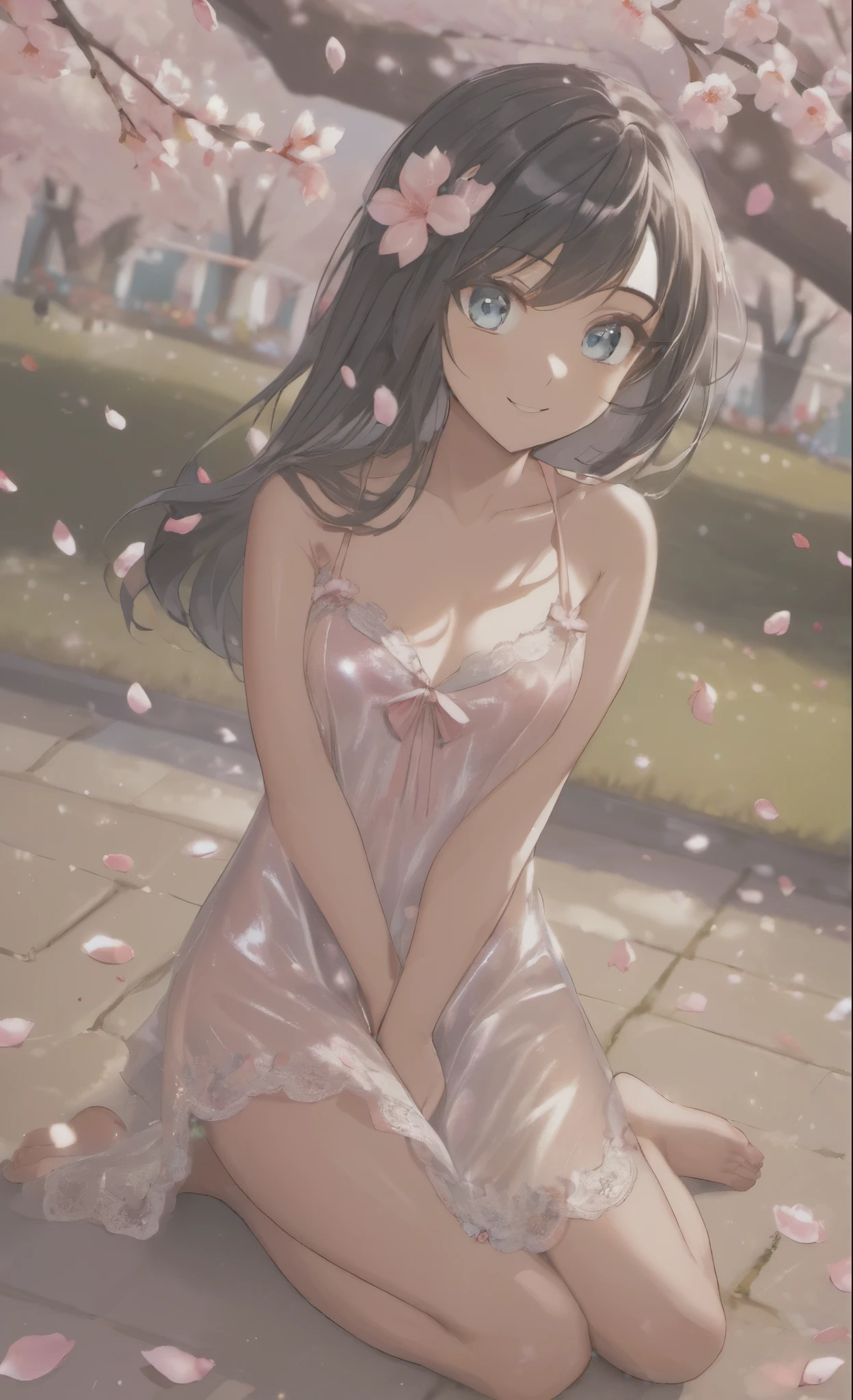 Nsfw、No clothes、(girl:1.5),race,ribbon,(masterpiece, side light, Beautiful detailed gray eyes: 1.2), Medium chest, realistic, shining eyes,shiny hair,black hair,long long hair, Glossy skin, alone, embarrassing,exquisite,beautifully,garden,flowers,flying petals, barefoot, Cherry Blossom, cinematic light, cinematic composition, rich expression、smile